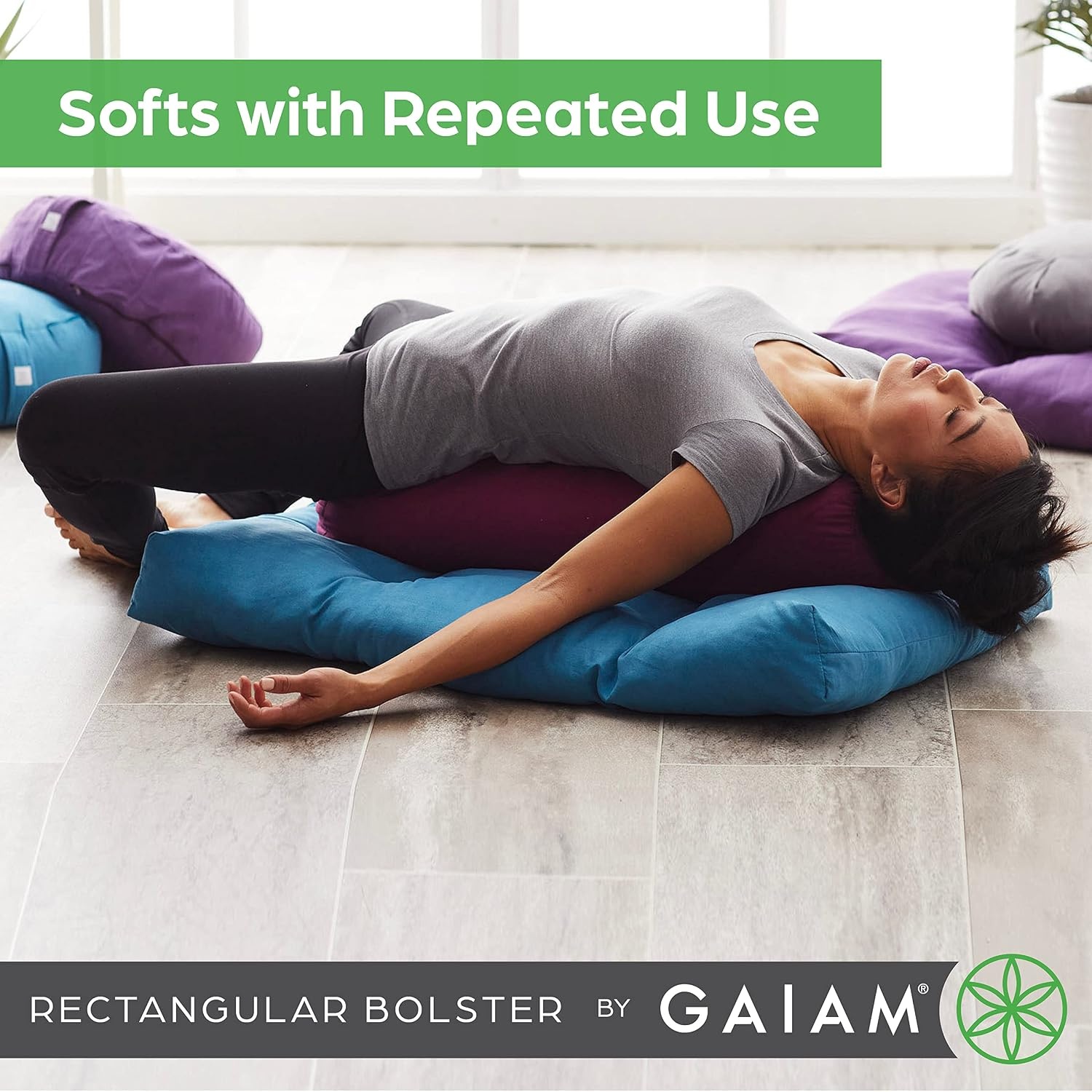 image:imageGaiam Yoga Bolster Pillow Supportive Cushion for Restorative Yoga Firm cottonfilled bolster supports stretching amp restorative poses Carry handle washable cover yoga propPurple