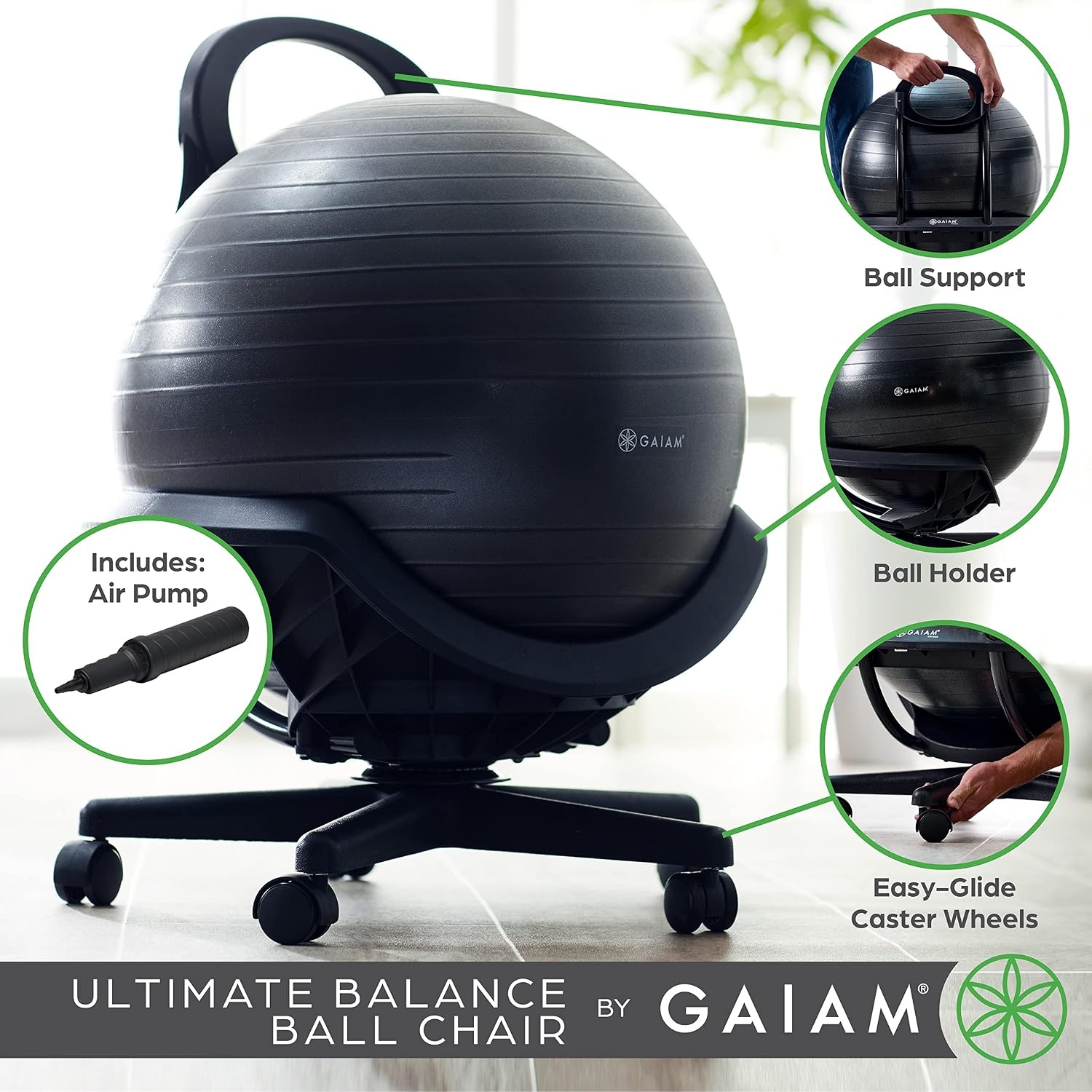image:imageGaiam Classic Balance Ball Chair Stability Seat Black 52cm stability ball chair builds core strength while you sit Includes pump amp exercise guideUltimate Black