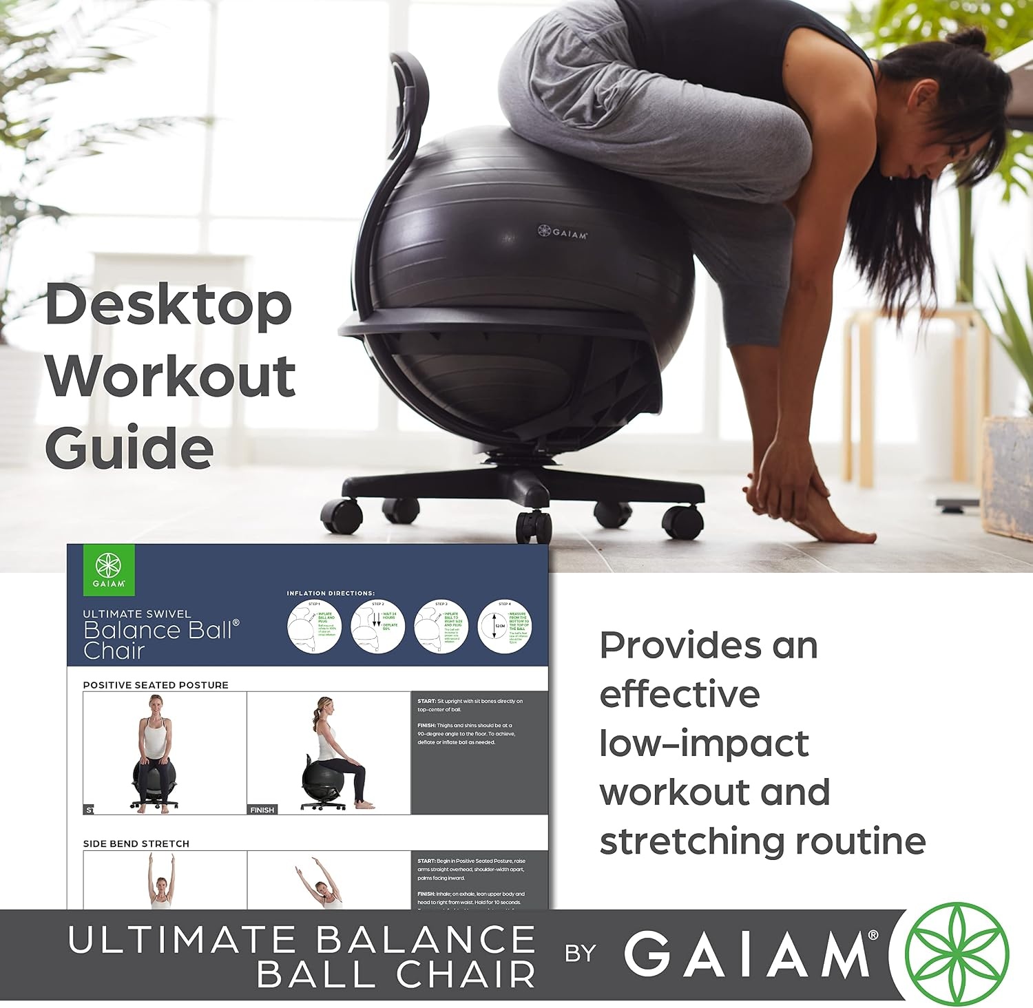 image:imageGaiam Classic Balance Ball Chair Stability Seat Black 52cm stability ball chair builds core strength while you sit Includes pump amp exercise guideUltimate Black