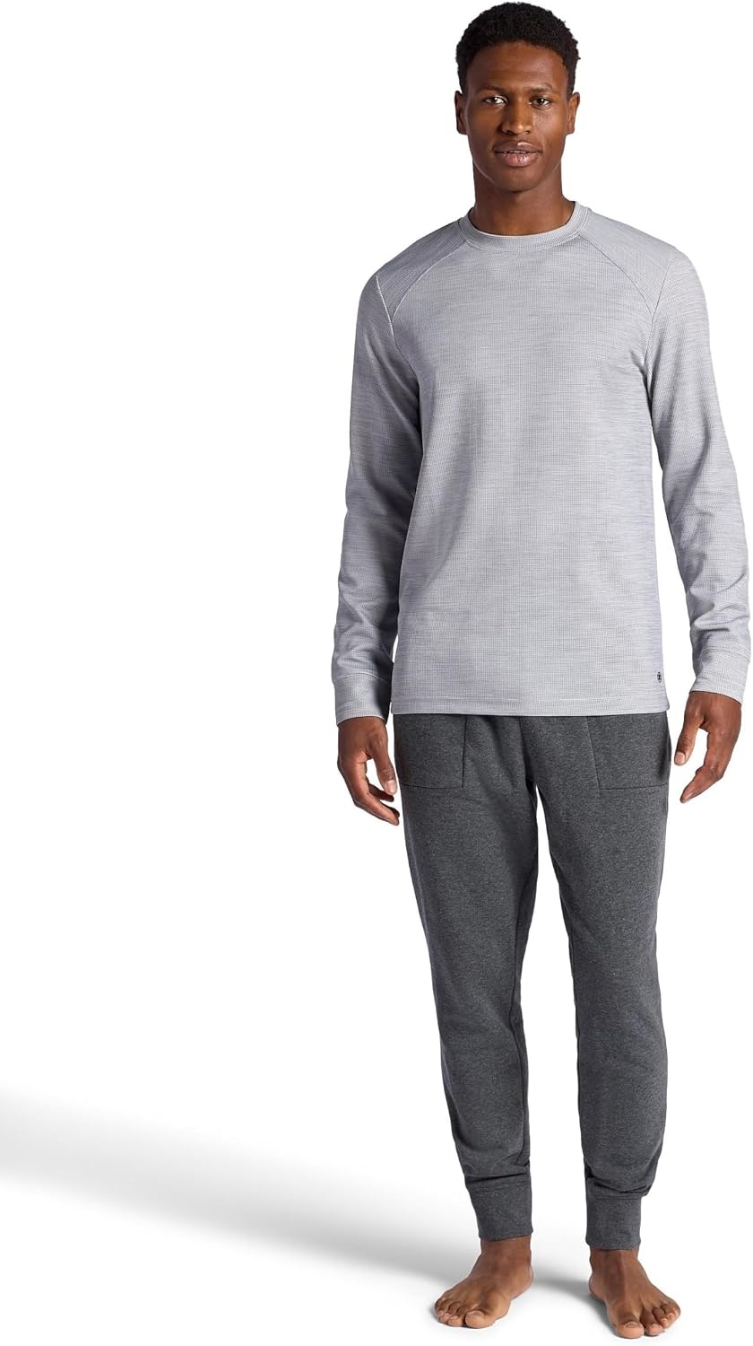 image:imageGaiam Mens Cozy amp Cool Long Sleeve Crewneck Top Standard Fit Stretch Midweight Micro Waffle Jacquard MaterialSleet Heather