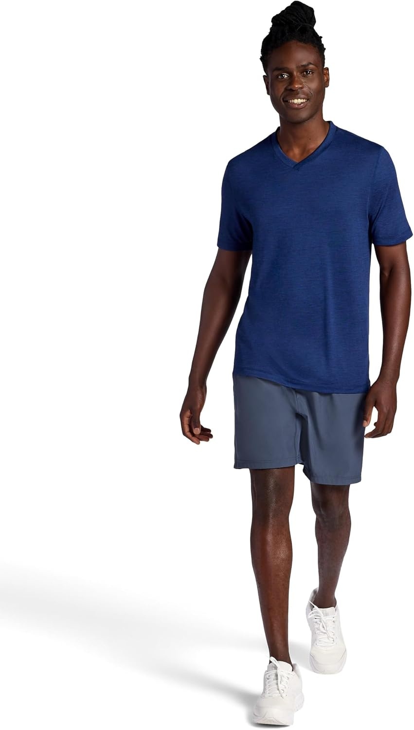 image:imageGaiam Mens Everyday Basic VNeck Top Standard Fit Stretch Midweight MaterialMedieval Blue Heather
