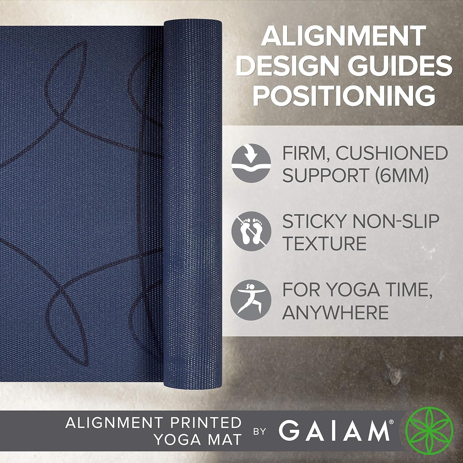 image:imageGaiam Premium Yoga Mat 6mm Thick Print Mat Premium 6mm thick cushioning for joint support Nonslip print design for yoga Pilates amp floor workoutsAlignment Print Ink