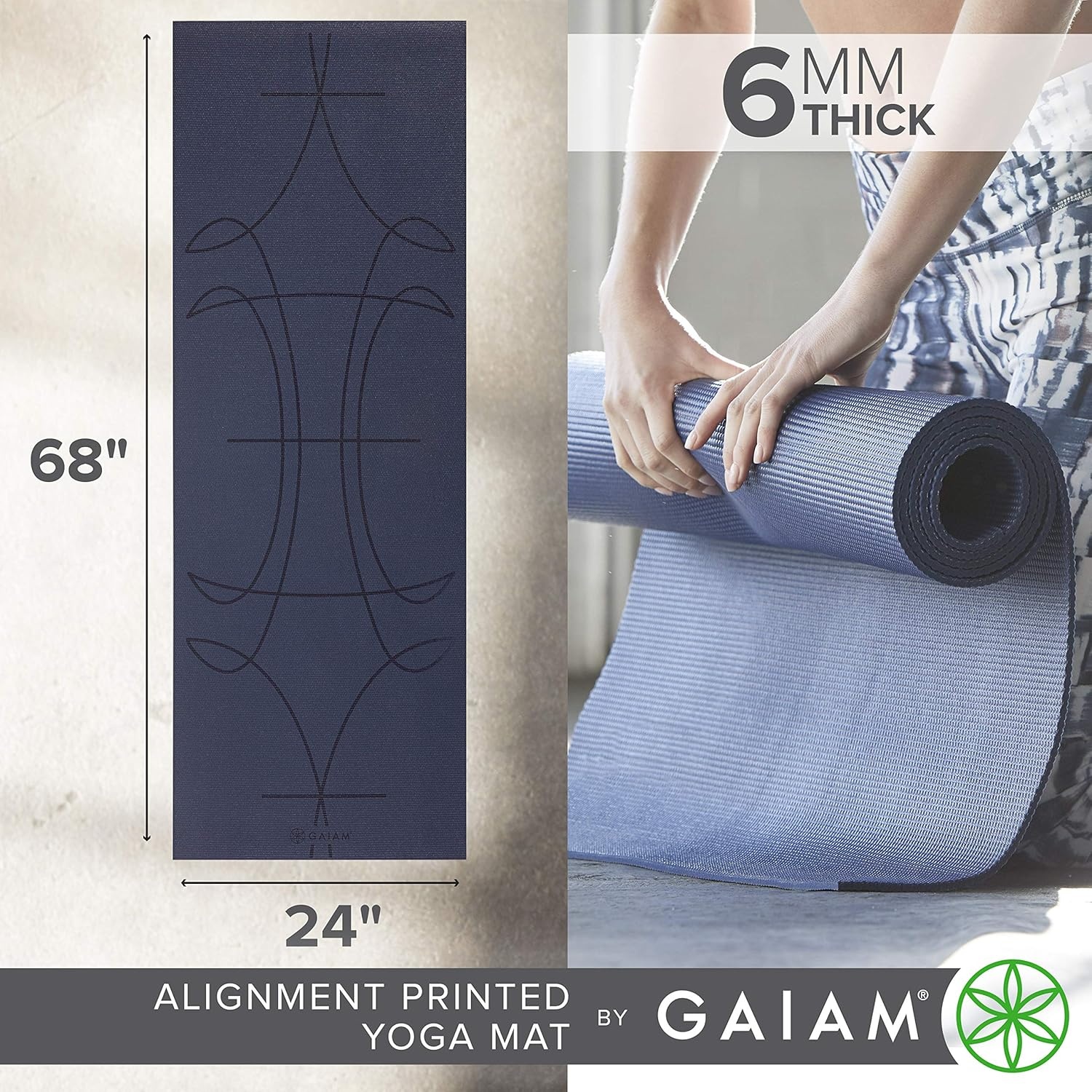 image:imageGaiam Premium Yoga Mat 6mm Thick Print Mat Premium 6mm thick cushioning for joint support Nonslip print design for yoga Pilates amp floor workoutsAlignment Print Ink