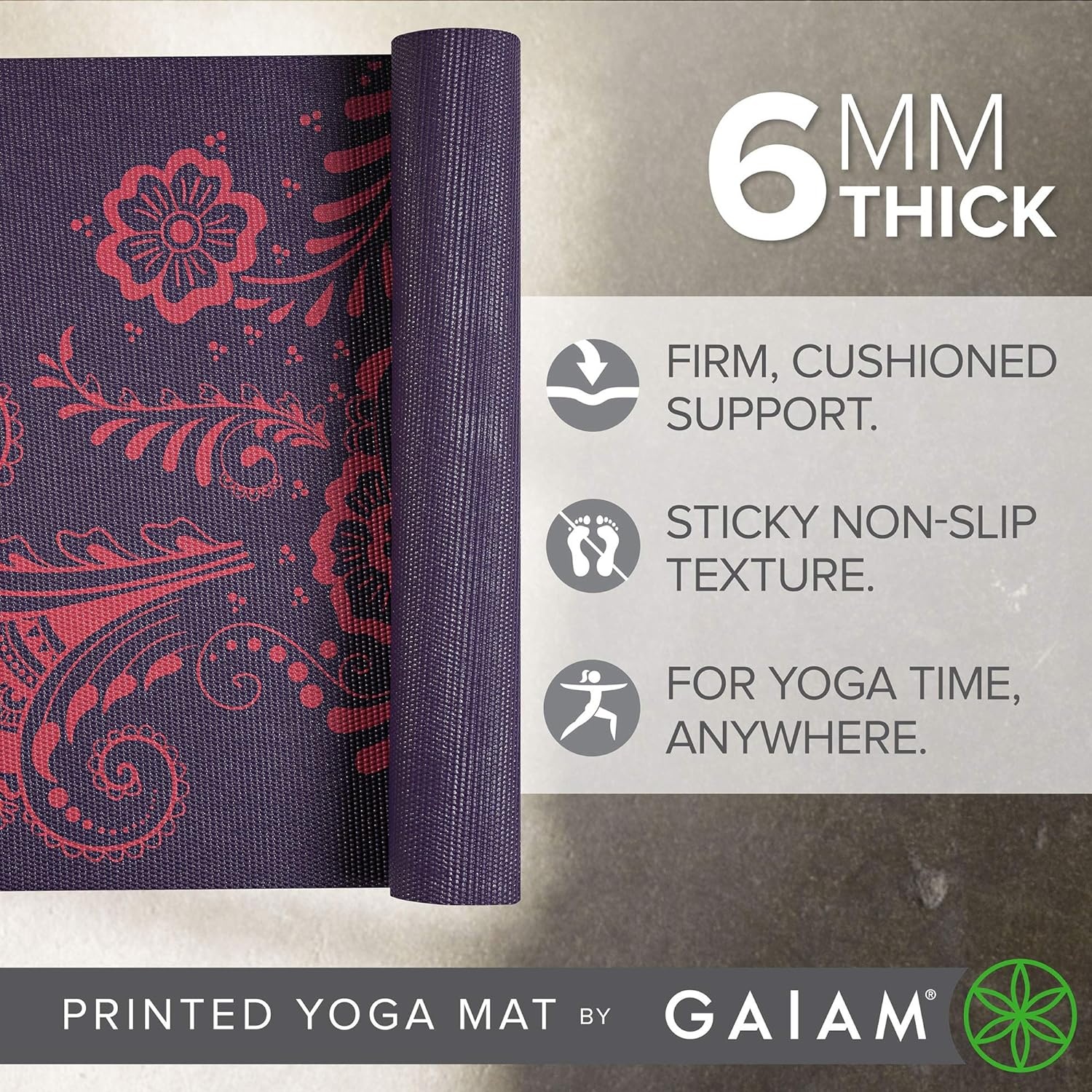 image:imageGaiam Premium Yoga Mat 6mm Thick Print Mat Premium 6mm thick cushioning for joint support Nonslip print design for yoga Pilates amp floor workoutsAubergine Swirl