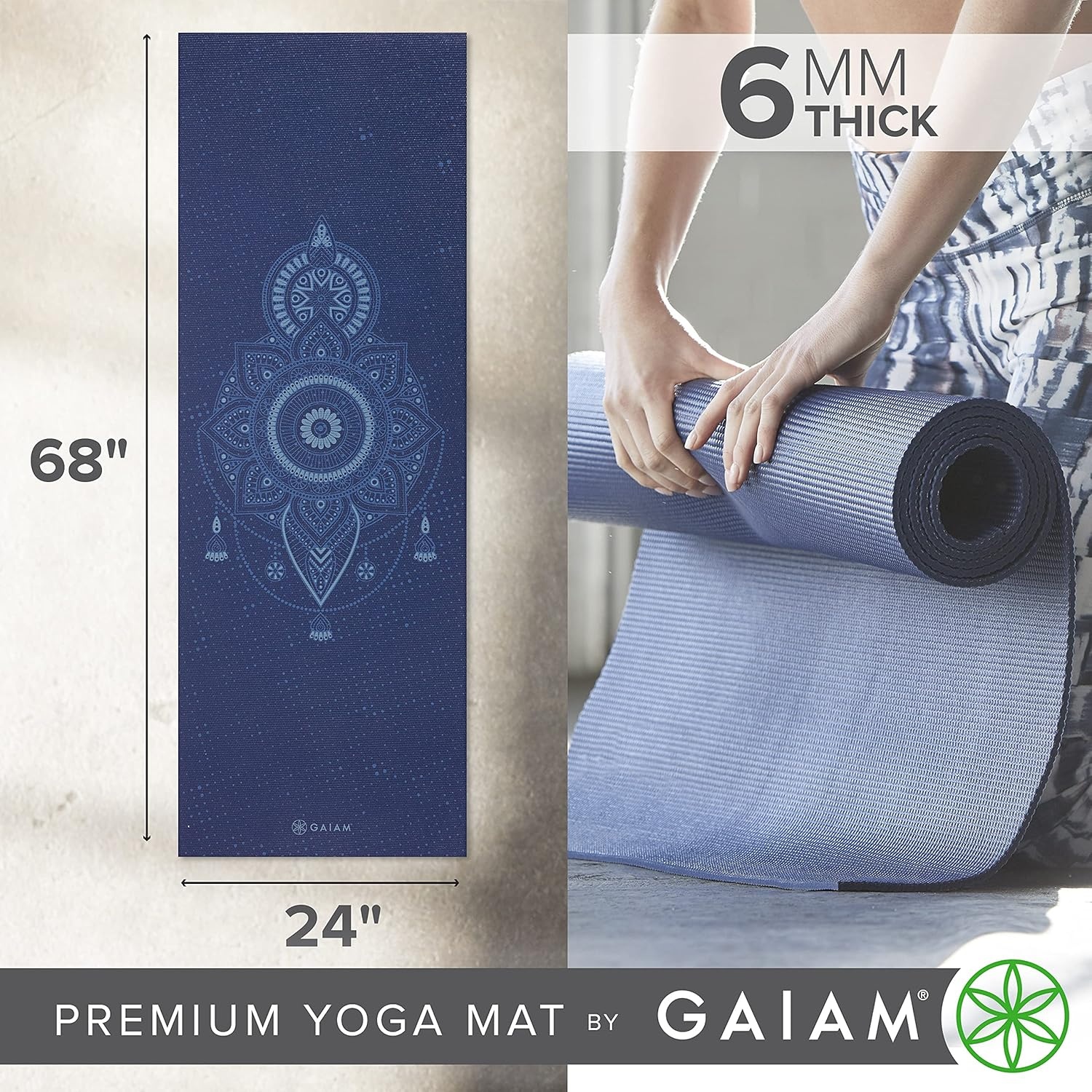 image:imageGaiam Premium Yoga Mat 6mm Thick Print Mat Premium 6mm thick cushioning for joint support Nonslip print design for yoga Pilates amp floor workoutsCelestial Blue
