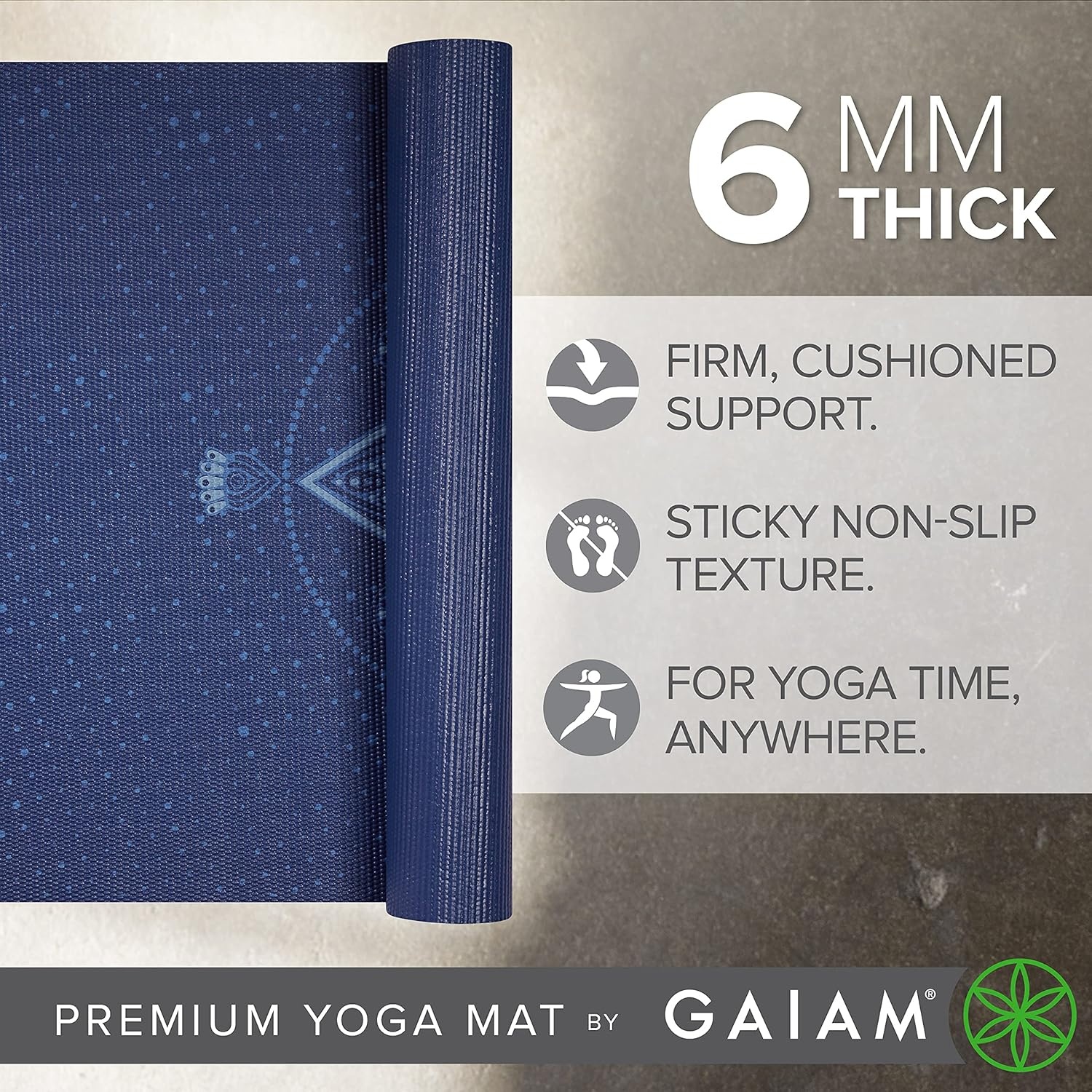 image:imageGaiam Premium Yoga Mat 6mm Thick Print Mat Premium 6mm thick cushioning for joint support Nonslip print design for yoga Pilates amp floor workoutsCelestial Blue