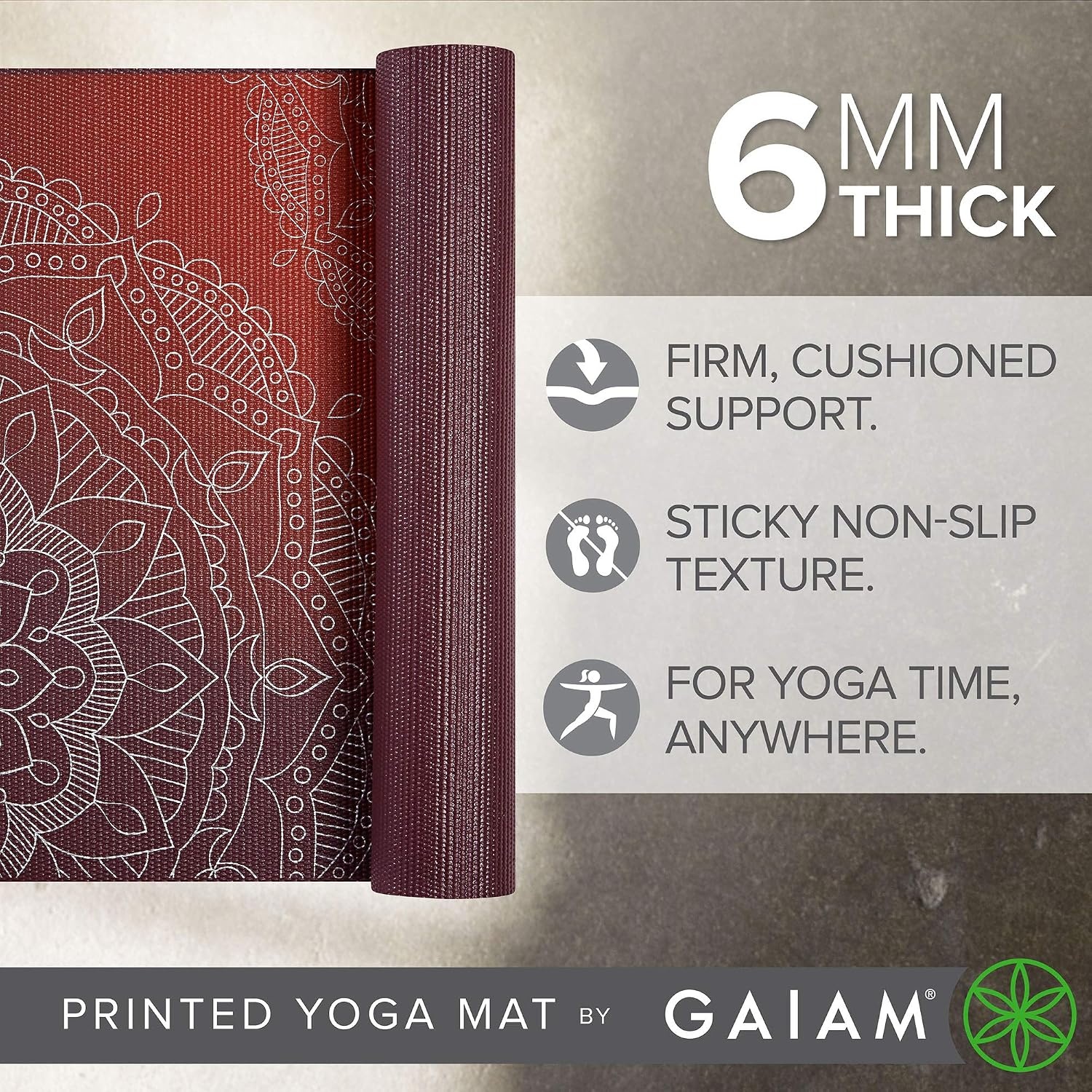 image:imageGaiam Premium Yoga Mat 6mm Thick Print Mat Premium 6mm thick cushioning for joint support Nonslip print design for yoga Pilates amp floor workoutsMetallic Sunset