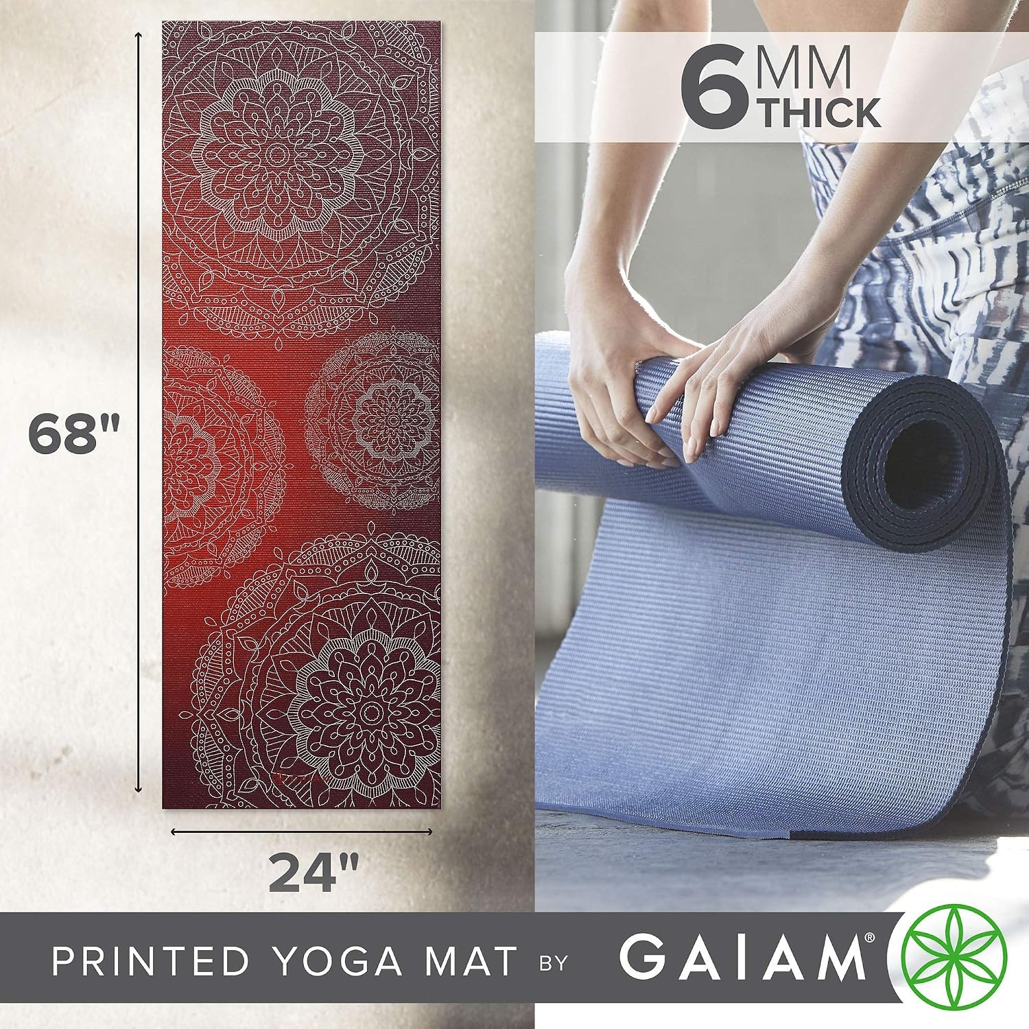 image:imageGaiam Premium Yoga Mat 6mm Thick Print Mat Premium 6mm thick cushioning for joint support Nonslip print design for yoga Pilates amp floor workoutsMetallic Sunset