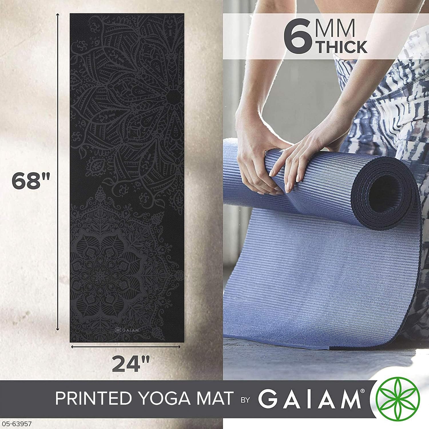 image:imageGaiam Premium Yoga Mat 6mm Thick Print Mat Premium 6mm thick cushioning for joint support Nonslip print design for yoga Pilates amp floor workoutsMidnight Mandala