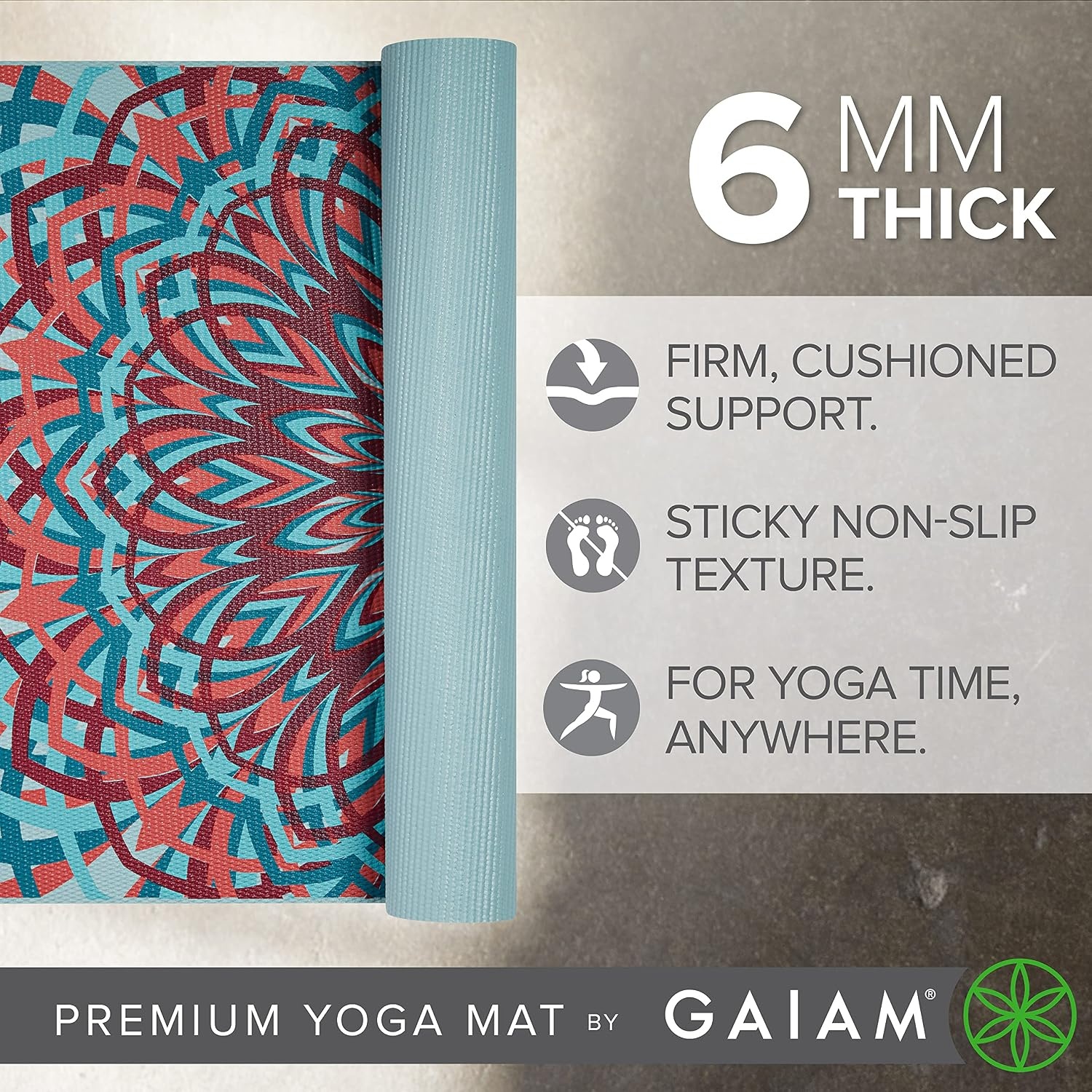 image:imageGaiam Premium Yoga Mat 6mm Thick Print Mat Premium 6mm thick cushioning for joint support Nonslip print design for yoga Pilates amp floor workoutsSantorini