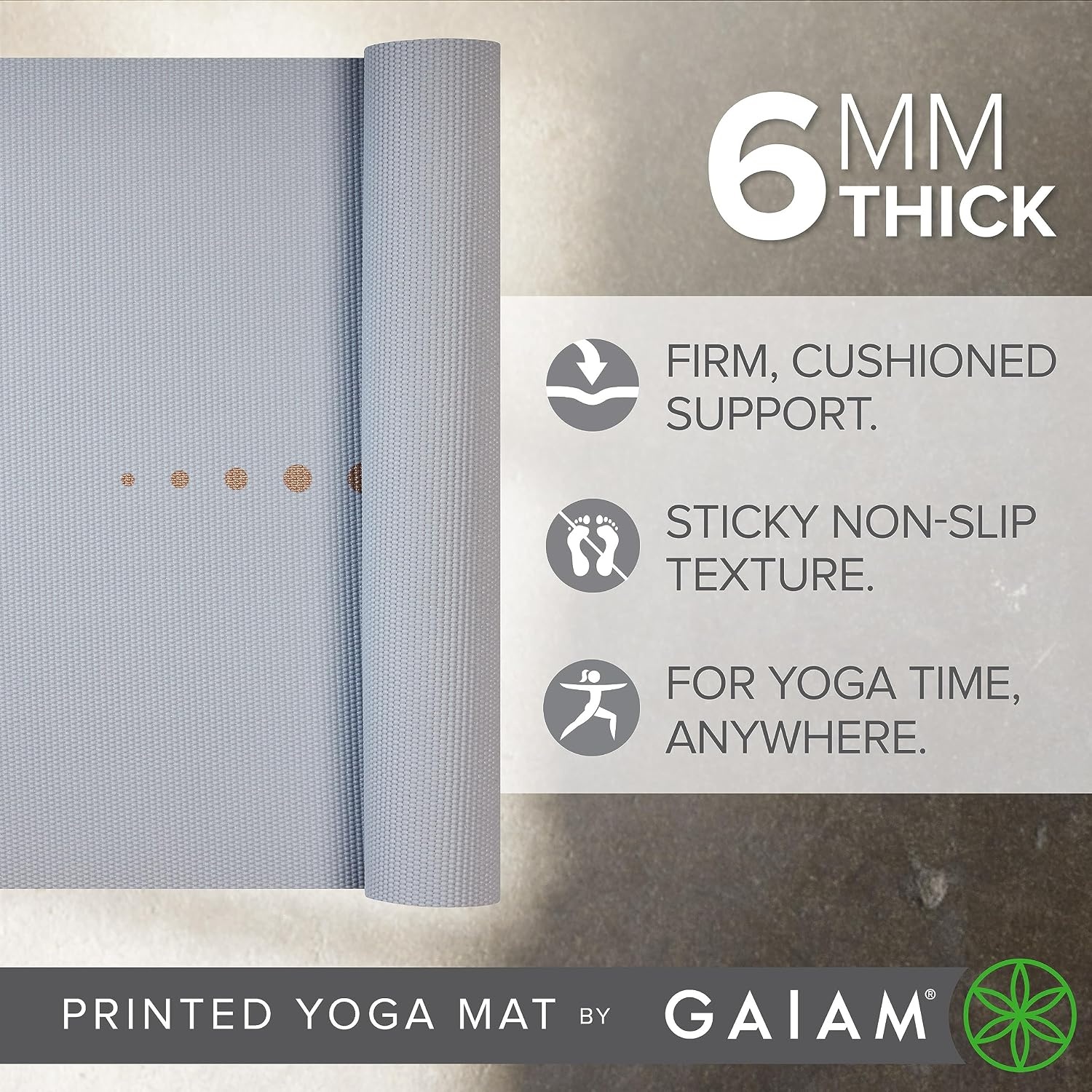 image:imageGaiam Premium Yoga Mat 6mm Thick Print Mat Premium 6mm thick cushioning for joint support Nonslip print design for yoga Pilates amp floor workoutsViolet Vision
