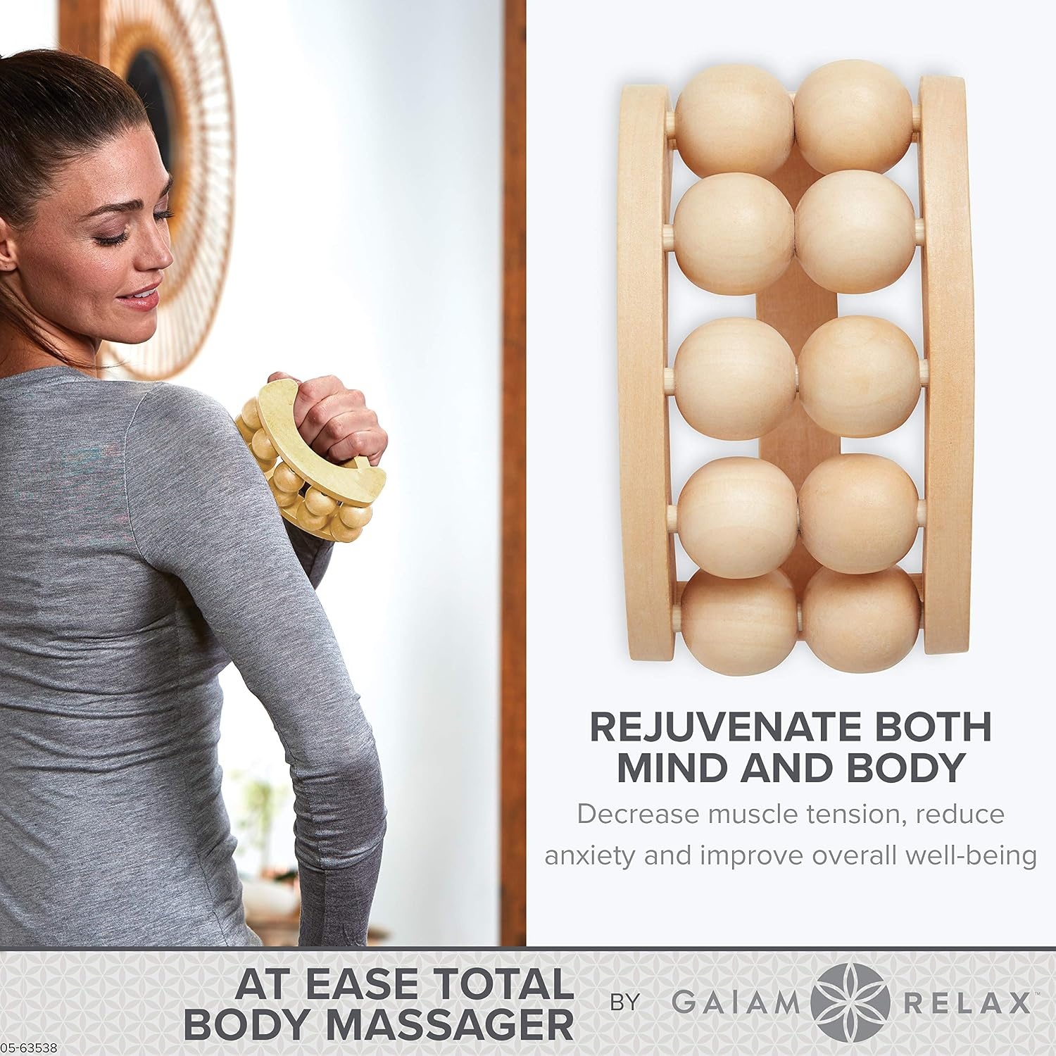 image:imageGaiam Relax Massage Ball Roller Handheld Wooden Tool Wooden Massage Ball Roller Total Body Tension Relaxation amp Stress Relief Ergonomic Design Home amp Office Use