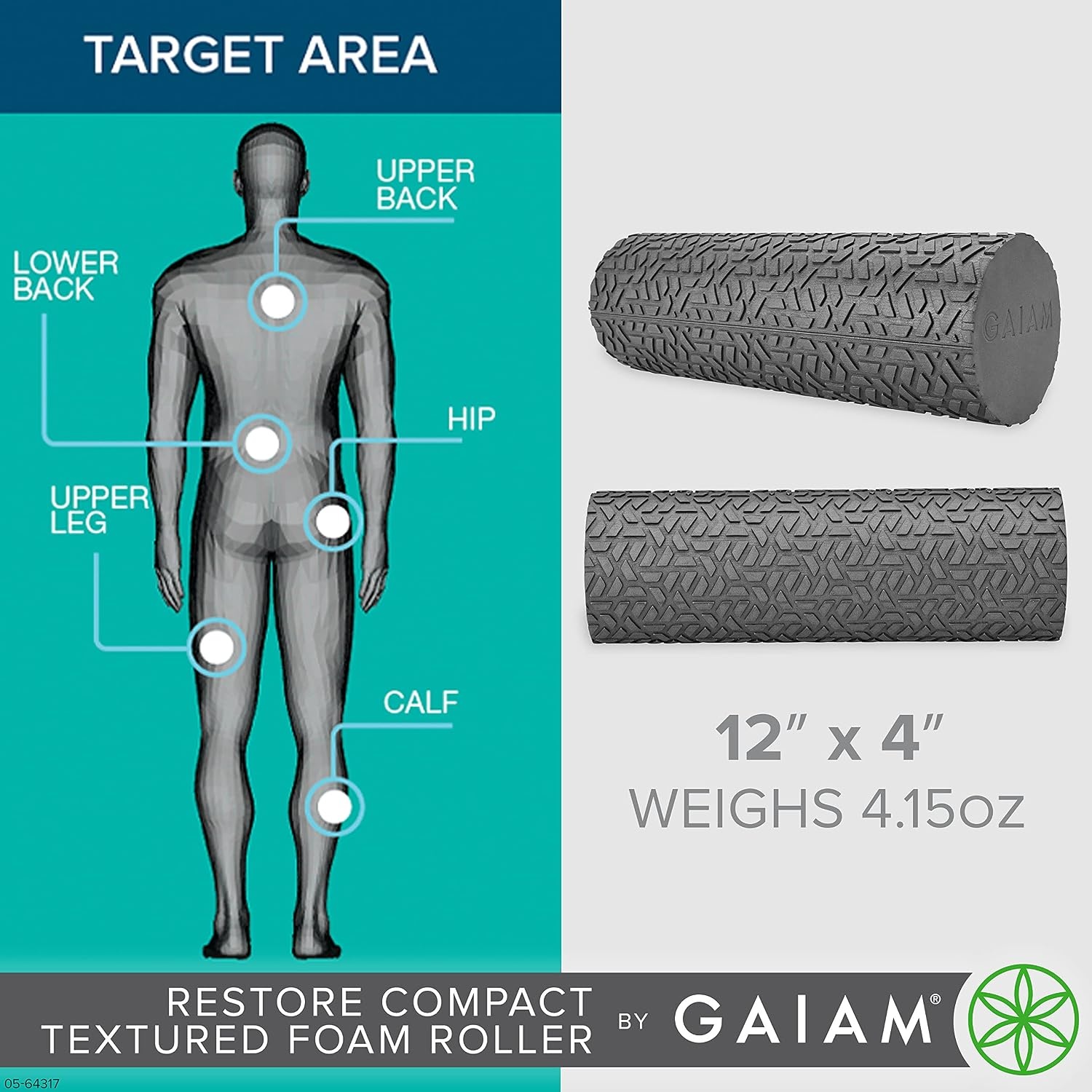 image:imageGaiam Restore Compact Textured Foam Roller 12 Muscle Recovery 12L x 4 Diameter Textured Surface Deep Tissue Massage TravelFriendly Muscle Recovery
