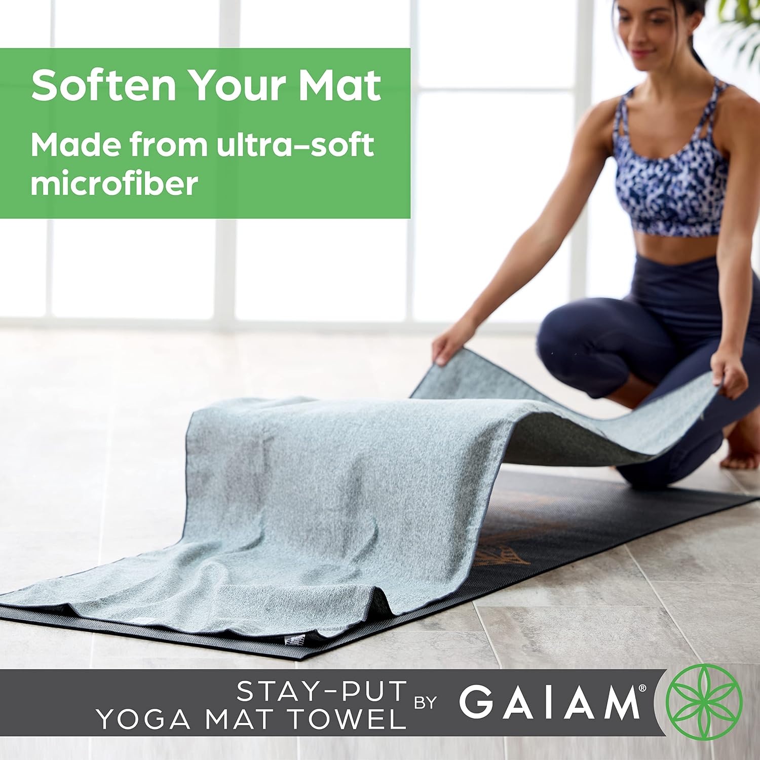 image:imageGaiam StayPut Yoga Mat Towel NonSlip Corner Pockets Corner Pocket Anchors Microfiber NonSlip QuickDry Hot Yoga Bikram amp Pilates MatSizedGrey
