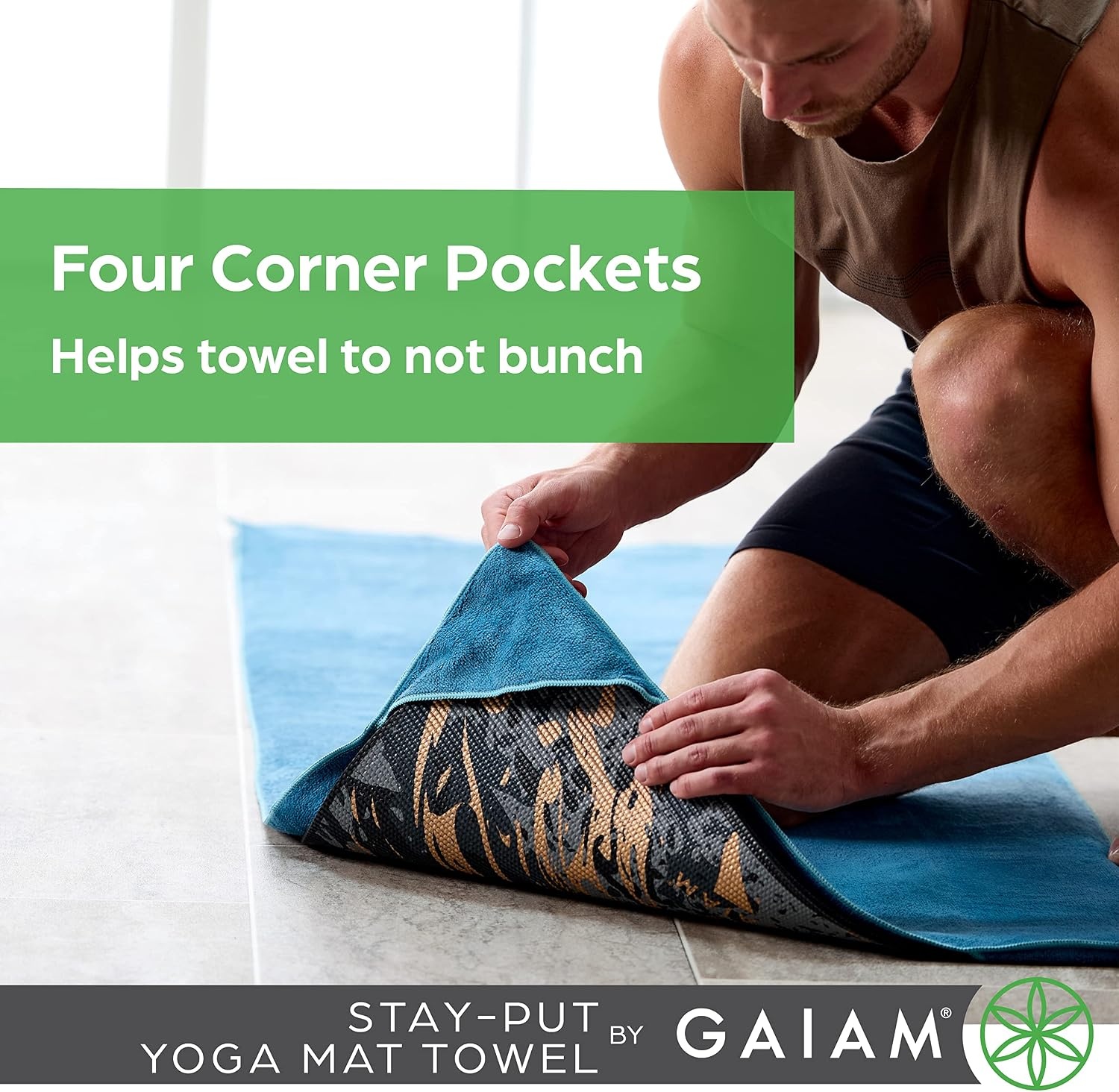 image:imageGaiam StayPut Yoga Mat Towel NonSlip Corner Pockets Corner Pocket Anchors Microfiber NonSlip QuickDry Hot Yoga Bikram amp Pilates MatSizedLake