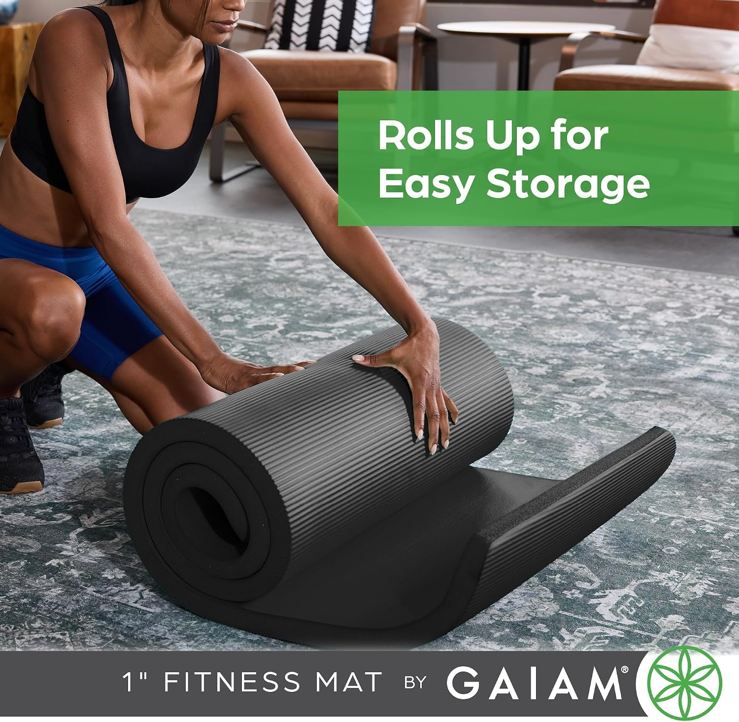 image:imageGaiam Thick Yoga Mat Exercise amp Fitness Mat with EasyCinch Carrying Strap NonSlip NBR Foam Joint Cushioning Yoga Pilates Fitness amp Floor Workouts 72L x 24WTeal