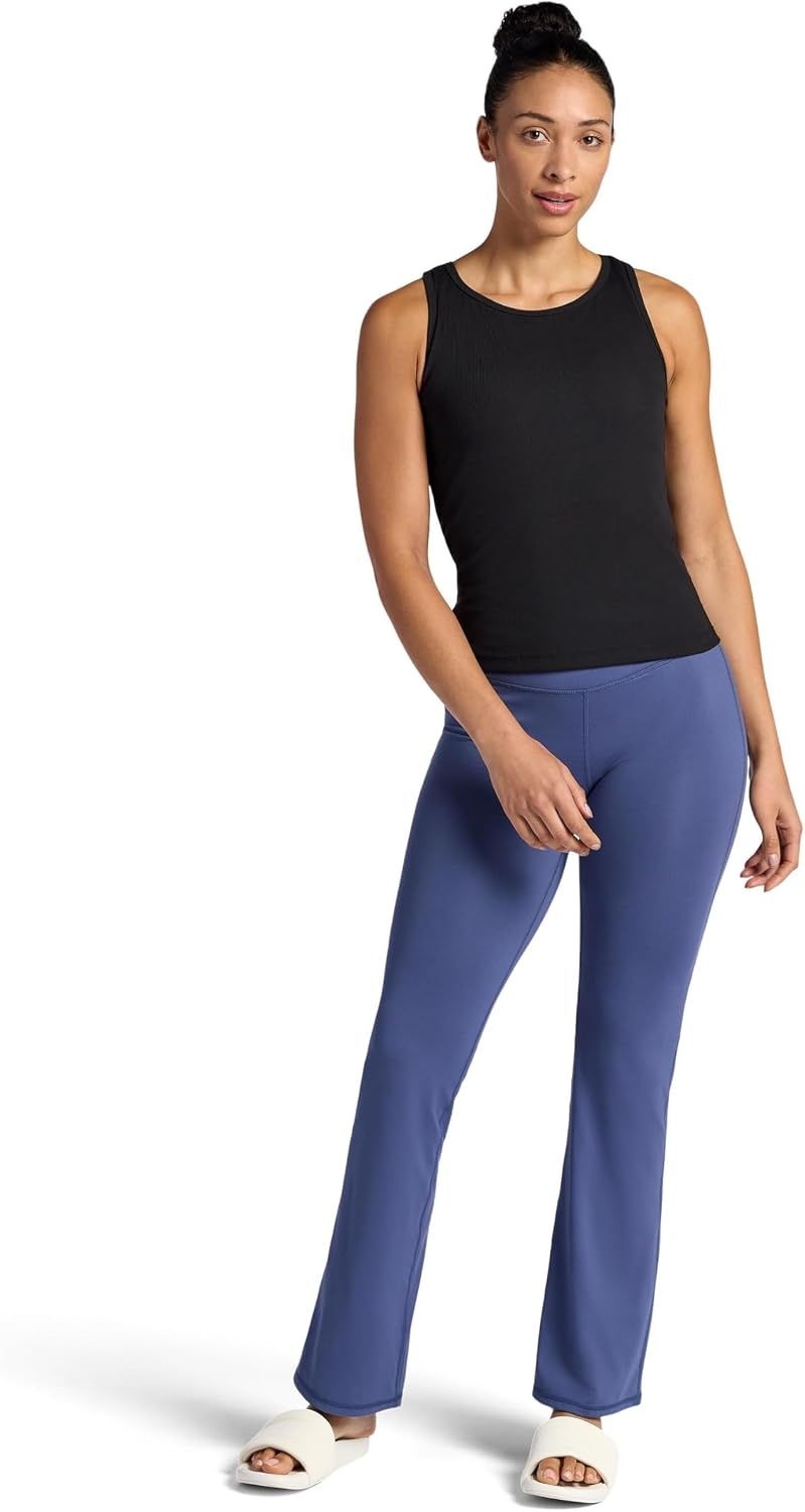 image:imageGaiam Womens Crossover Waistband Flared Bottom Yoga Pant Slim Fit 31 Inseam MoistureWickingBlue Indigo