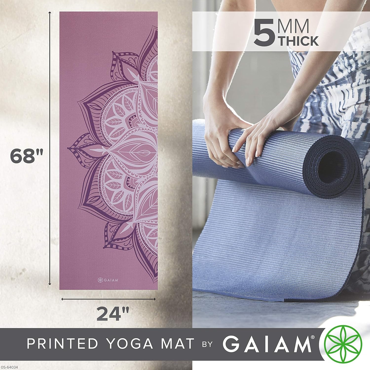 image:imageGaiam Yoga Mat Premium 5mm Print Thick Non Slip Exercise amp Fitness Mat for All Types of Yoga Pilates amp Floor Workouts 68 x 24 x 5mm Printed Design Sticky NonSlip Surface 5mm Cushioning Yoga Pilates amp Floor Workouts 68x24Violet Blush Point