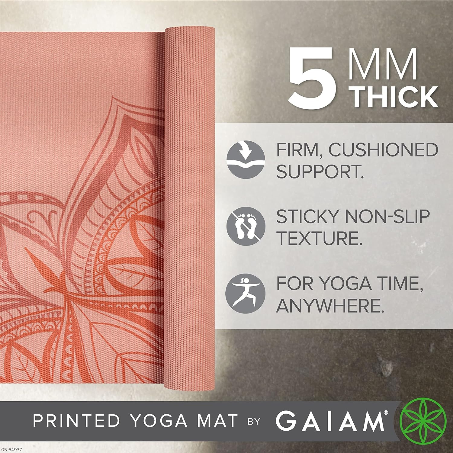 image:imageGaiam Yoga Mat  Premium 5mm Print Thick Non Slip Exercise amp Fitness Mat for All Types of Yoga Pilates amp Floor Workouts 68 x 24 x 5mm  Printed Design  Sticky NonSlip Surface  5mm Cushioning  Yoga Pilates amp Floor Workouts  68x24Sunset Point