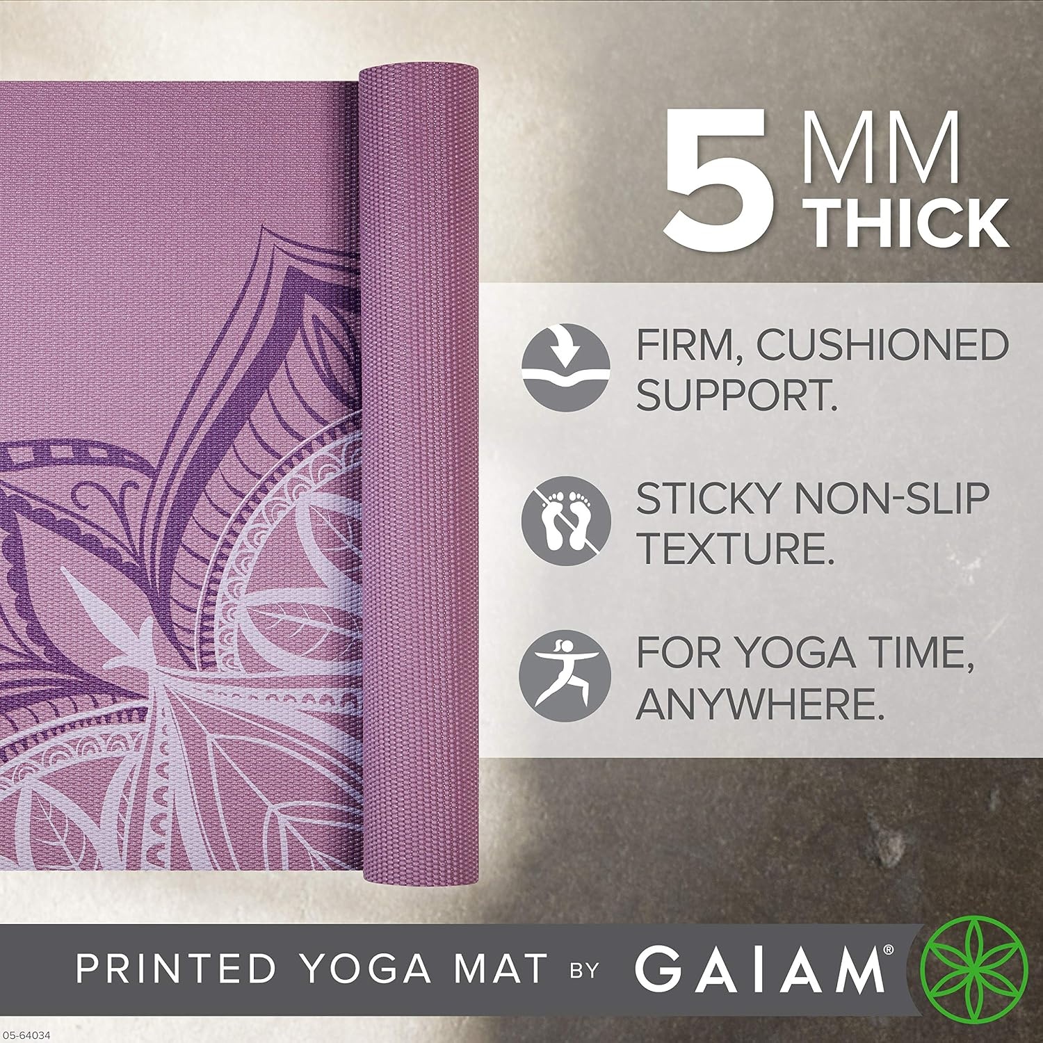 image:imageGaiam Yoga Mat Premium 5mm Print Thick Non Slip Exercise amp Fitness Mat for All Types of Yoga Pilates amp Floor Workouts 68 x 24 x 5mm Printed Design Sticky NonSlip Surface 5mm Cushioning Yoga Pilates amp Floor Workouts 68x24Violet Blush Point