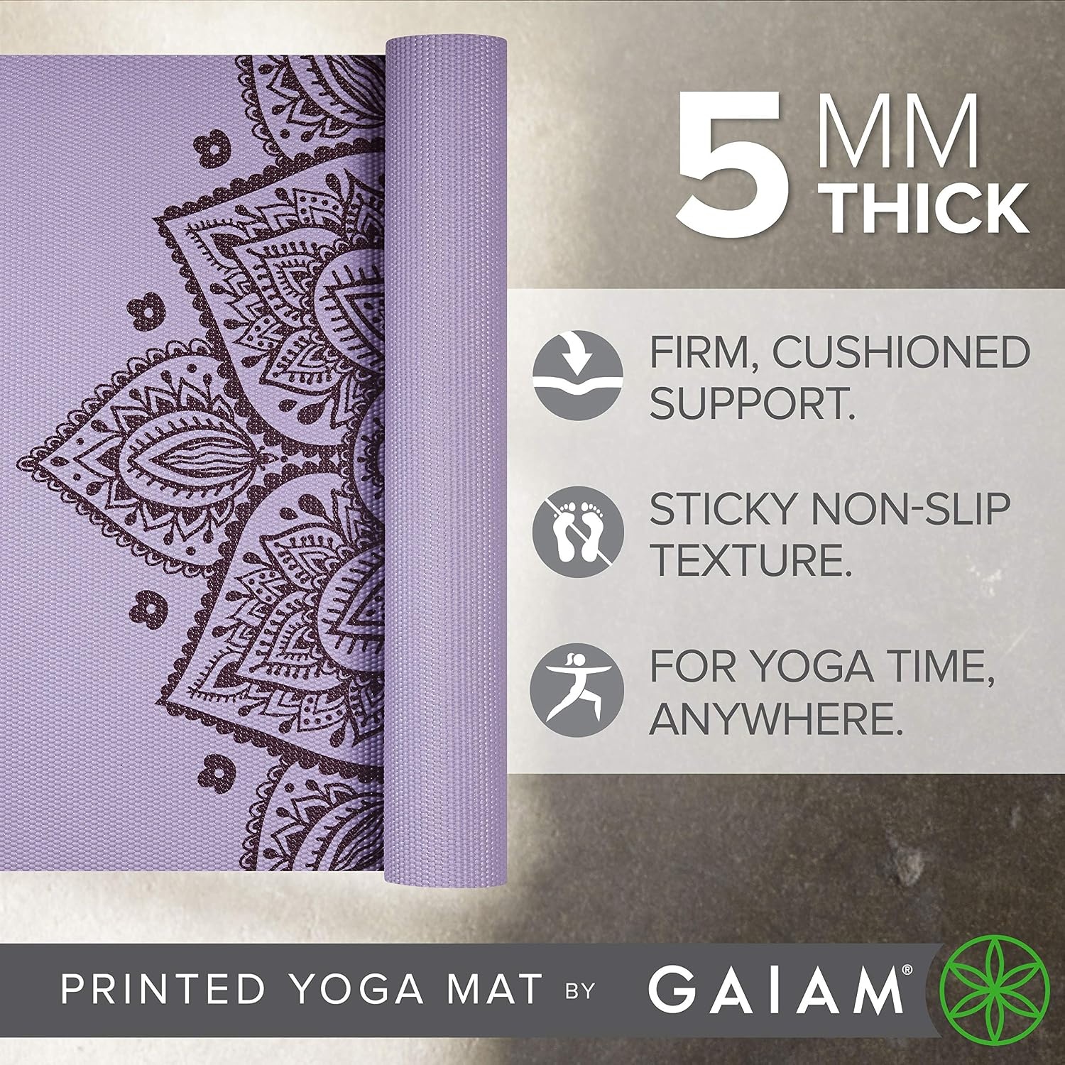 image:imageGaiam Yoga Mat  Premium 5mm Print Thick Non Slip Exercise amp Fitness Mat for All Types of Yoga Pilates amp Floor Workouts 68 x 24 x 5mm  Printed Design  Sticky NonSlip Surface  5mm Cushioning  Yoga Pilates amp Floor Workouts  68x24New Lilac Sundial