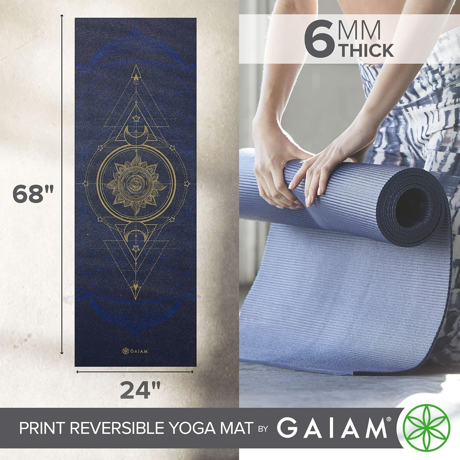 image:imageGaiam Yoga Mat  Premium 6mm Print Reversible Extra Thick Non Slip Exercise amp Fitness Mat for All Types of Yoga Pilates amp Floor Workouts 68 x 24 x 6mm ThickMetallic Sun  Moon