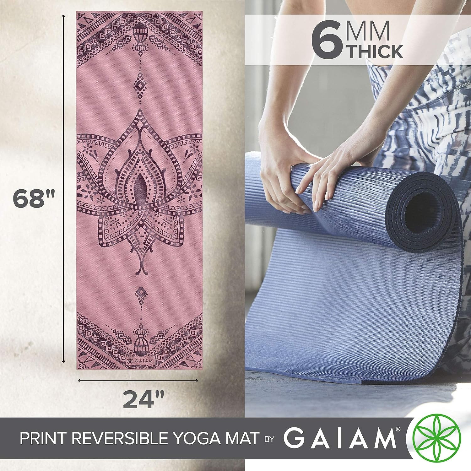 image:imageGaiam Yoga Mat Premium 6mm Print Reversible Extra Thick Non Slip Exercise amp Fitness Mat for All Types of Yoga Pilates amp Floor Workouts 68 x 24 x 6mm ThickInner Peace Lotus