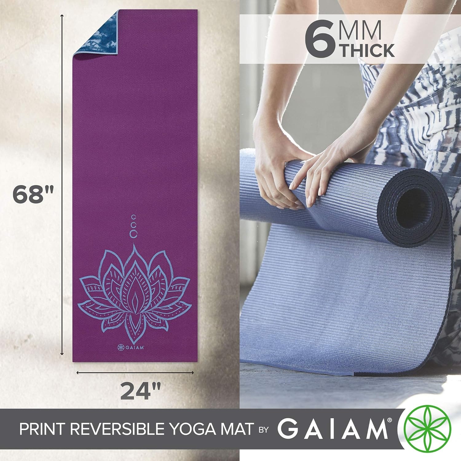 image:imageGaiam Yoga Mat Premium 6mm Print Reversible Extra Thick Non Slip Exercise amp Fitness Mat for All Types of Yoga Pilates amp Floor Workouts 68 x 24 x 6mm ThickPurple Lotus