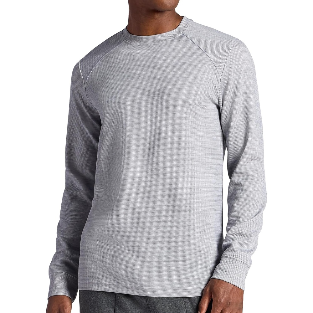 image:imageGaiam Mens Cozy amp Cool Long Sleeve Crewneck Top Standard Fit Stretch Midweight Micro Waffle Jacquard MaterialSleet Heather