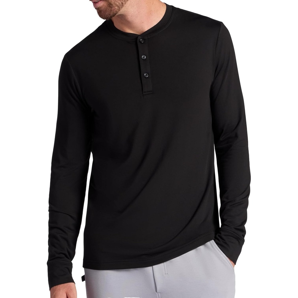 image:imageGaiam Mens Long Sleeve Henley Shirt Standard Fit Stretch Midweight MaterialBlack  Bliss Balance
