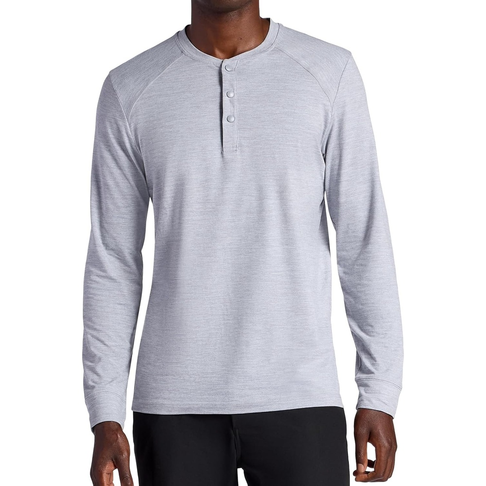 image:imageGaiam Mens Long Sleeve Henley Shirt Standard Fit Stretch Midweight MaterialSleet Heather Commuter