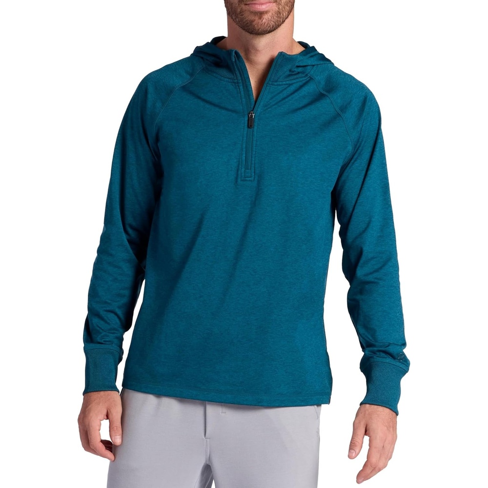 image:imageGaiam Mens Serenity Flow Long Sleeve Cowl Neck Quarterzip Hoodie Standard Fit Stretch Midweight MaterialSubmerged Heather