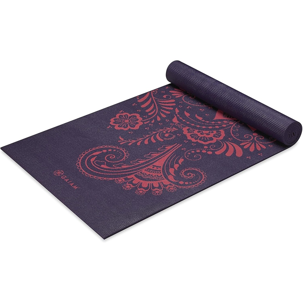 image:imageGaiam Premium Yoga Mat 6mm Thick Print Mat Premium 6mm thick cushioning for joint support Nonslip print design for yoga Pilates amp floor workoutsAubergine Swirl