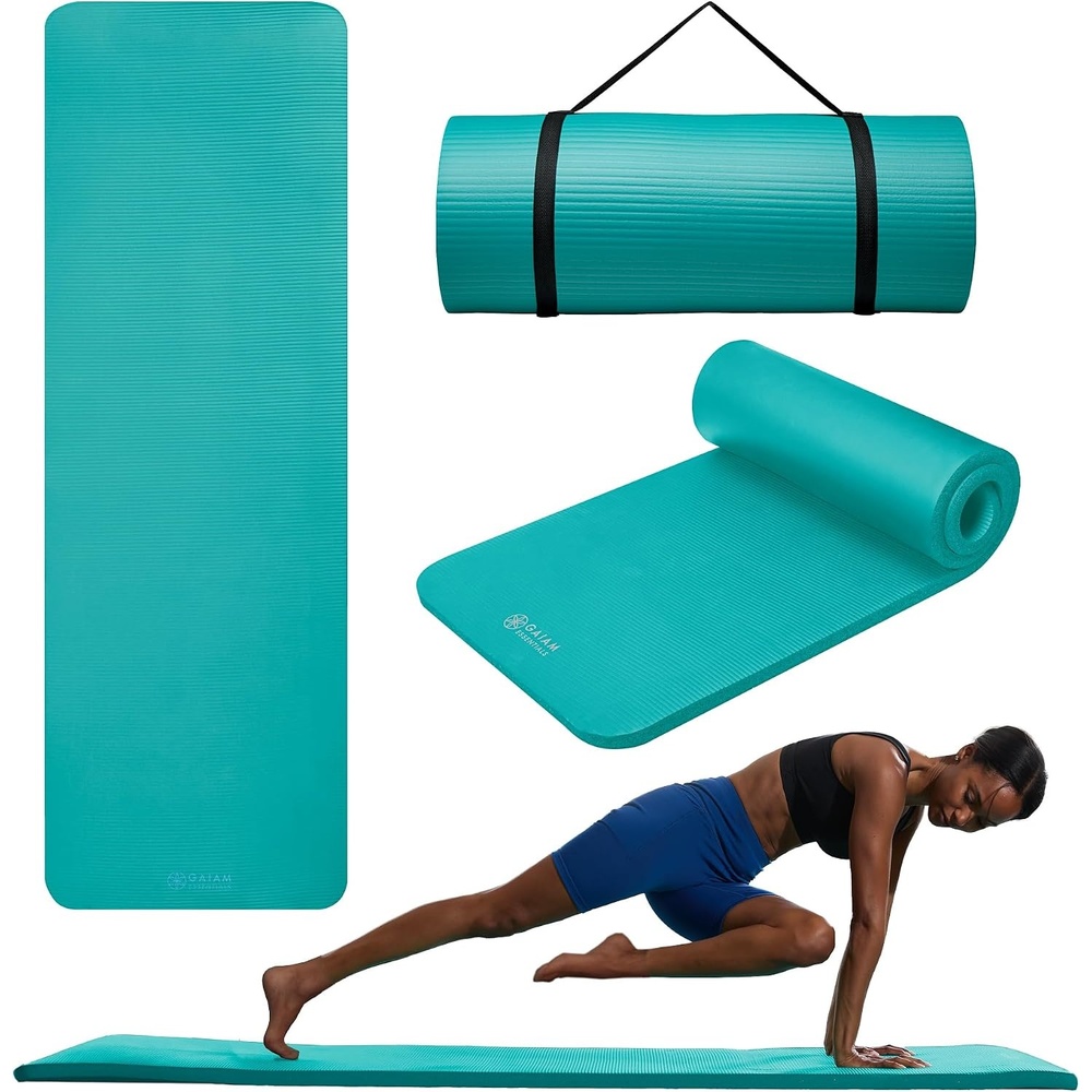image:imageGaiam Thick Yoga Mat Exercise amp Fitness Mat with EasyCinch Carrying Strap NonSlip NBR Foam Joint Cushioning Yoga Pilates Fitness amp Floor Workouts 72L x 24WTeal