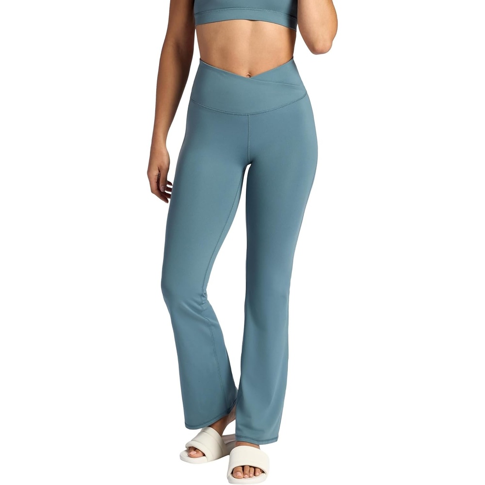image:imageGaiam Womens Crossover Waistband Flared Bottom Yoga Pant Slim Fit 31 Inseam MoistureWickingGoblin Blue