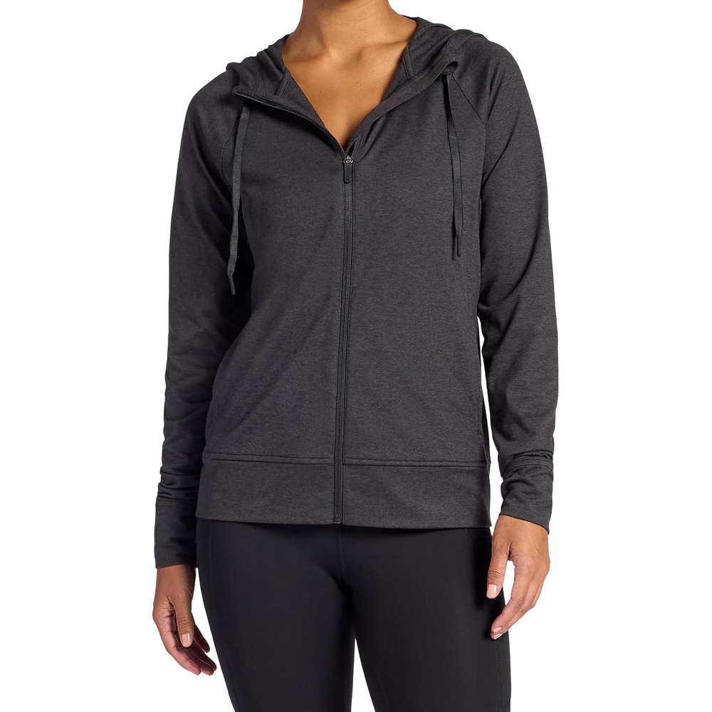 image:imageGaiam Womens Marled Hooded Jacket Slim Fit Stretch Midweight Heathered MaterialBlack Heather Tap Shoe