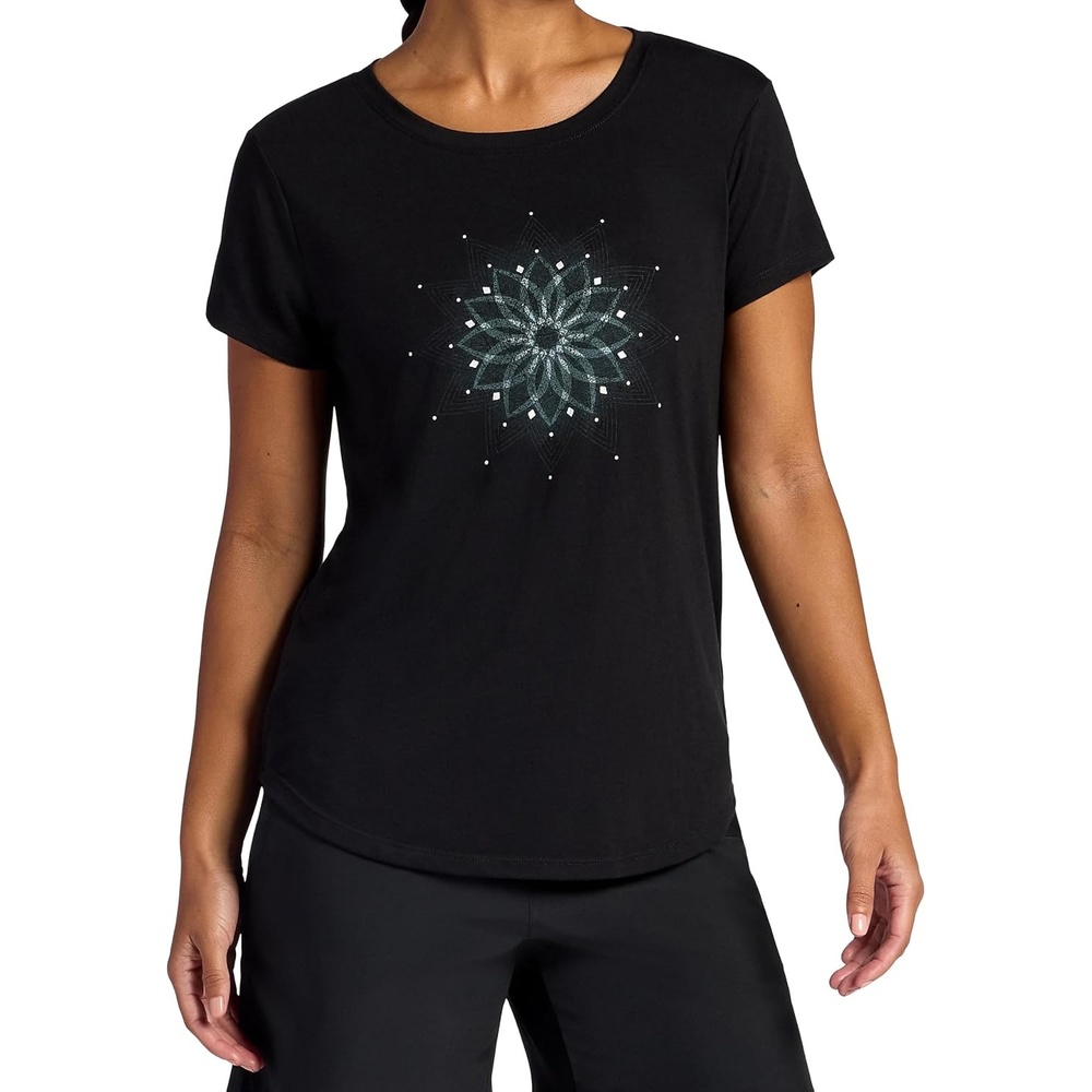 image:imageGaiam Womens Mindful Flower Graphic Crewneck TShirt Relaxed Fit Stretch Lightweight Material Curved HemBlack Tap Shoe Moon