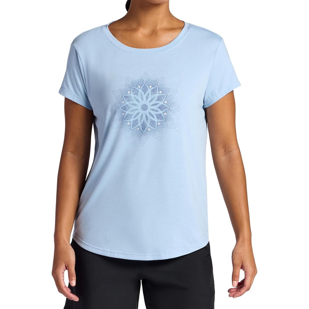 image:imageGaiam Womens Mindful Flower Graphic Crewneck TShirt Relaxed Fit Stretch Lightweight Material Curved HemBlue Fog Moon