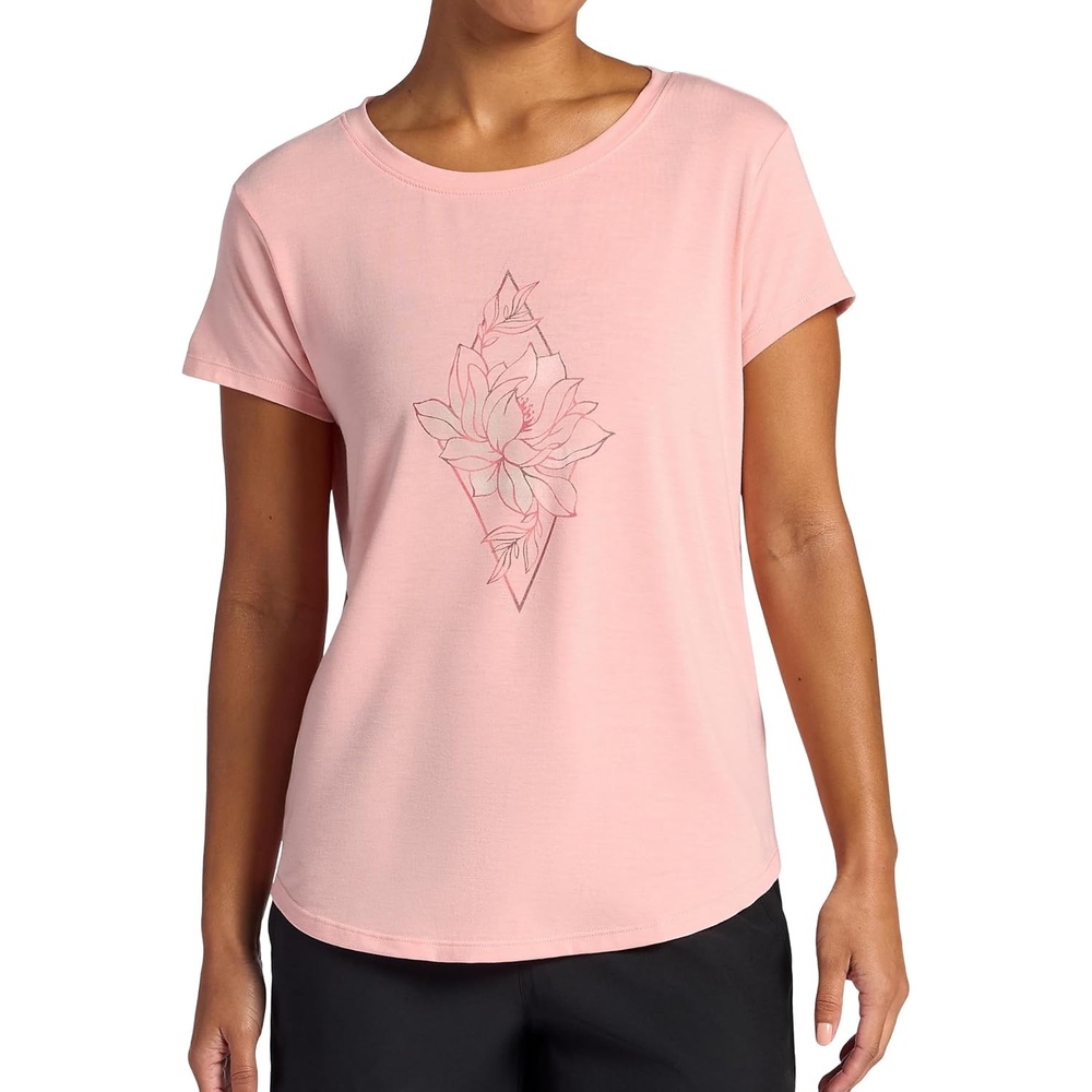 image:imageGaiam Womens Mindful Flower Graphic Crewneck TShirt Relaxed Fit Stretch Lightweight Material Curved HemCandlelight Peach Diamond