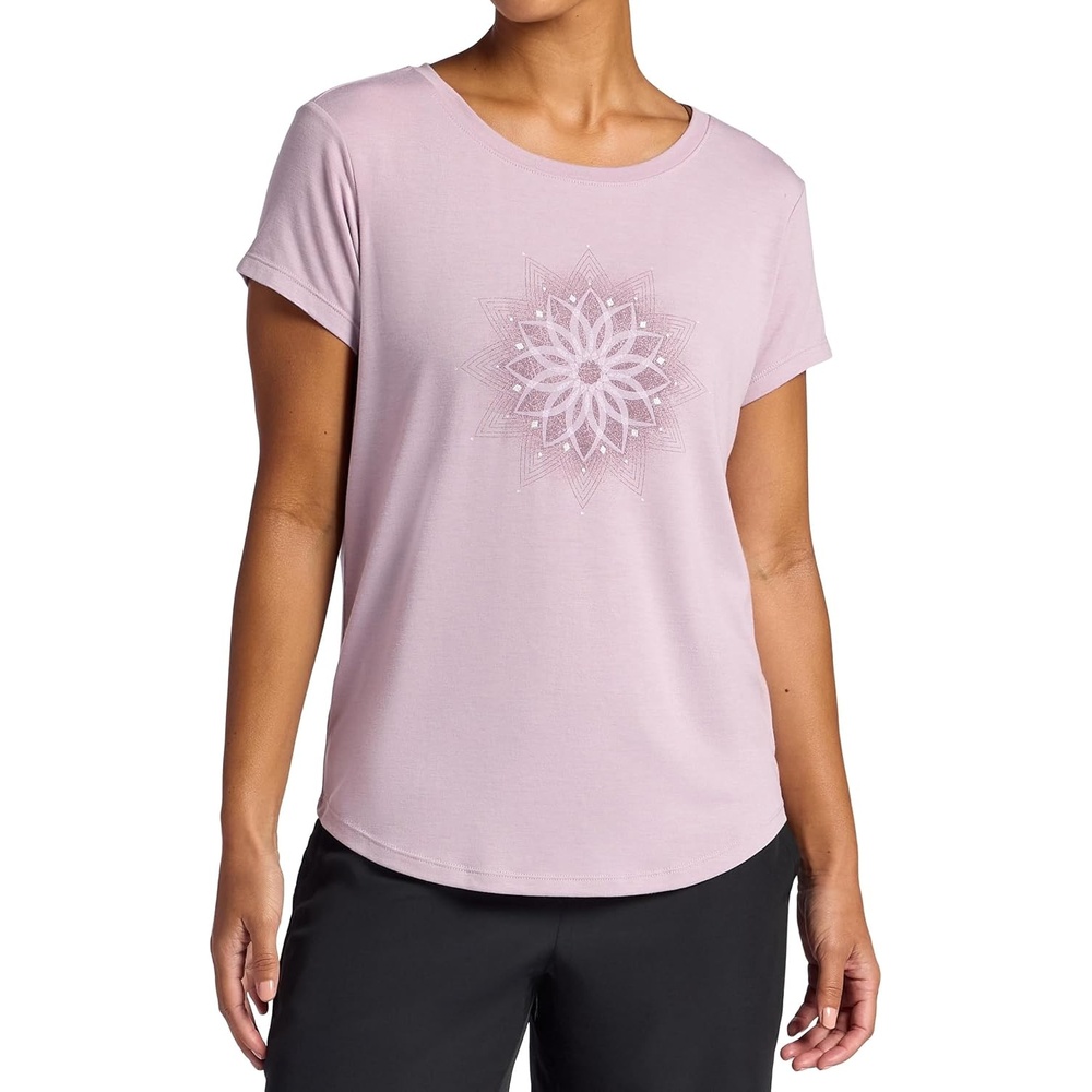 image:imageGaiam Womens Mindful Flower Graphic Crewneck TShirt Relaxed Fit Stretch Lightweight Material Curved HemSea Fog Moon
