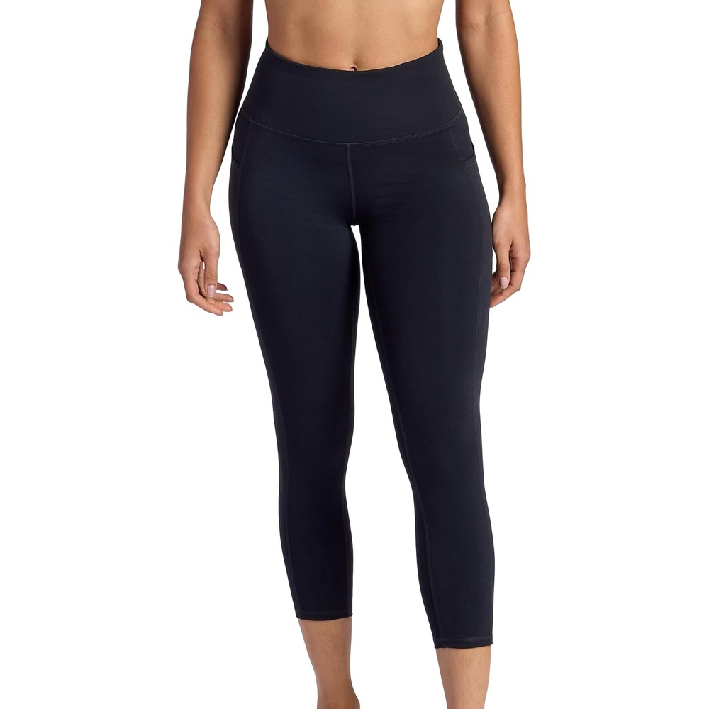 image:imageGaiam Womens Om HighRise Pocket Capri Pant Slim Cropped Fit 22 Inseam MoistureWickingBlack Tap Shoe