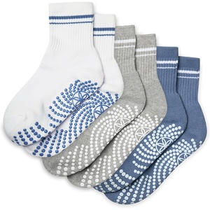 Gaiam Grippy Crew Socks with Silicone Grip Non-Slip Socks for Pilates, Yoga, Barre & Dance | Cotton Blend | 2-Pack or 3-Pack(3 Pack – White/Grey/Blue Violet)