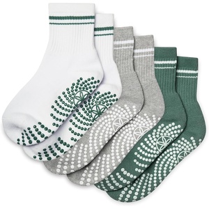 Gaiam Grippy Crew Socks with Silicone Grip Non-Slip Socks for Pilates, Yoga, Barre & Dance | Cotton Blend | 2-Pack or 3-Pack(3 Pack – White/Grey/Evergreen)