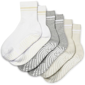 Gaiam Grippy Crew Socks with Silicone Grip Non-Slip Socks for Pilates, Yoga, Barre & Dance | Cotton Blend | 2-Pack or 3-Pack(3 Pack – White/Grey/Oat)