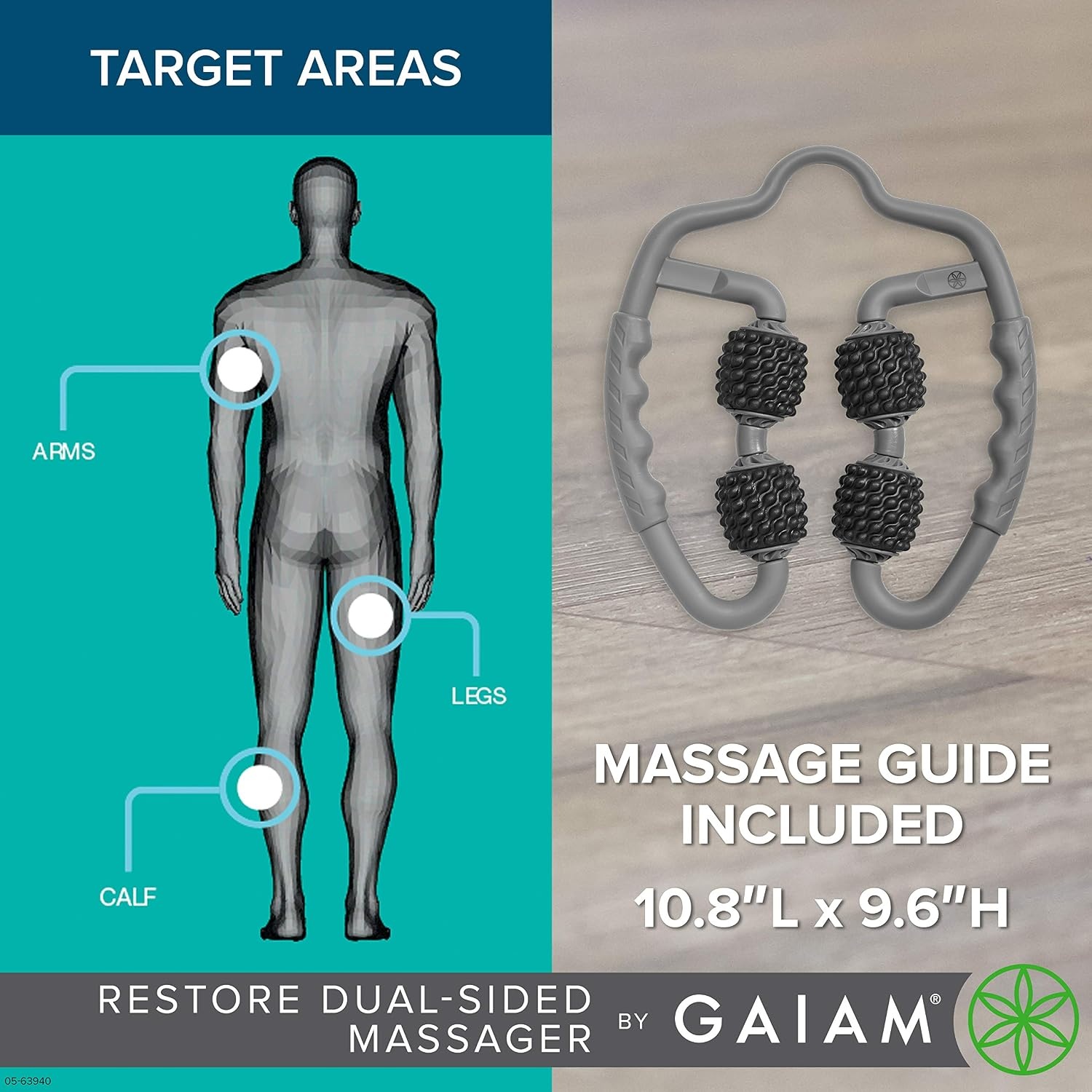 image:imageGaiam Restore Leg Massager Dual Sided Hand Held Muscle Massage Roller with 4 Textured Massage Balls amp Firm Grip Handles Deep Tissue Pain Relief for Sore Muscles to Aid Recovery Time