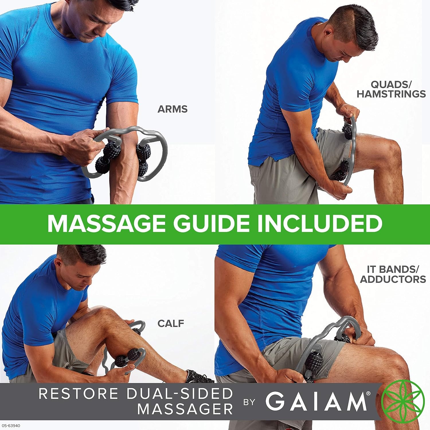image:imageGaiam Restore Leg Massager Dual Sided Hand Held Muscle Massage Roller with 4 Textured Massage Balls amp Firm Grip Handles Deep Tissue Pain Relief for Sore Muscles to Aid Recovery Time