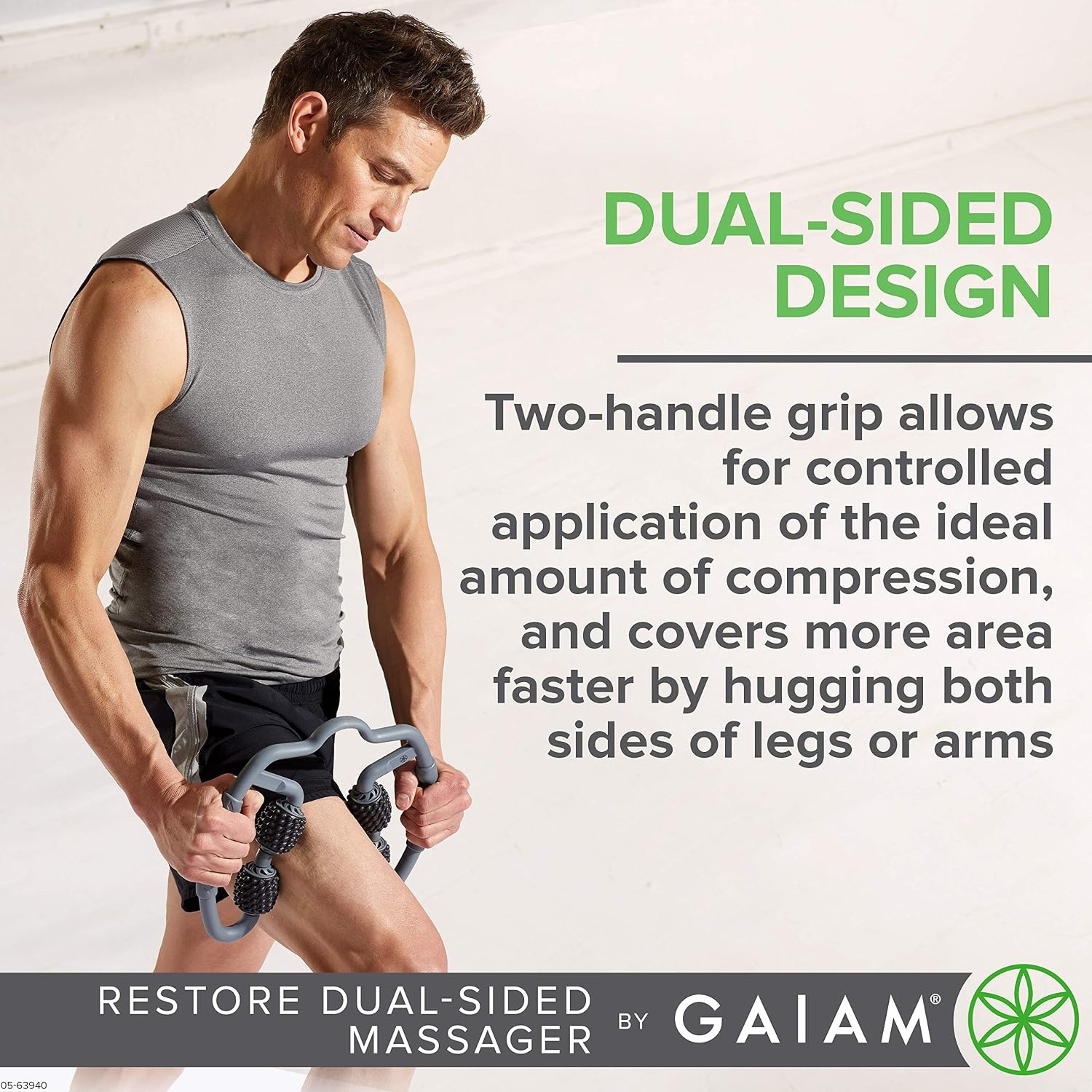 image:imageGaiam Restore Leg Massager Dual Sided Hand Held Muscle Massage Roller with 4 Textured Massage Balls amp Firm Grip Handles Deep Tissue Pain Relief for Sore Muscles to Aid Recovery Time