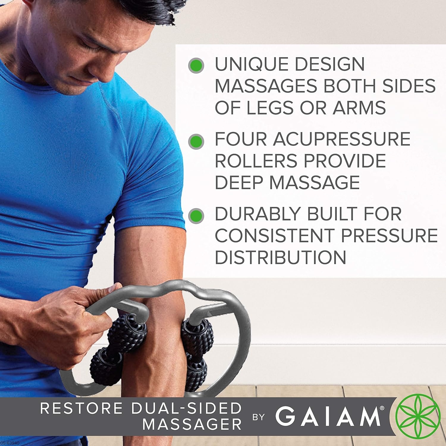 image:imageGaiam Restore Leg Massager Dual Sided Hand Held Muscle Massage Roller with 4 Textured Massage Balls amp Firm Grip Handles Deep Tissue Pain Relief for Sore Muscles to Aid Recovery Time