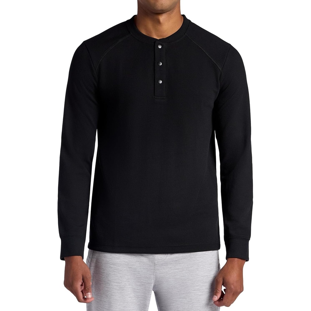 image:imageGaiam Mens Cozy amp Cool Henley Shirt Standard Fit Stretch Midweight Micro Waffle Jacquard MaterialBlack