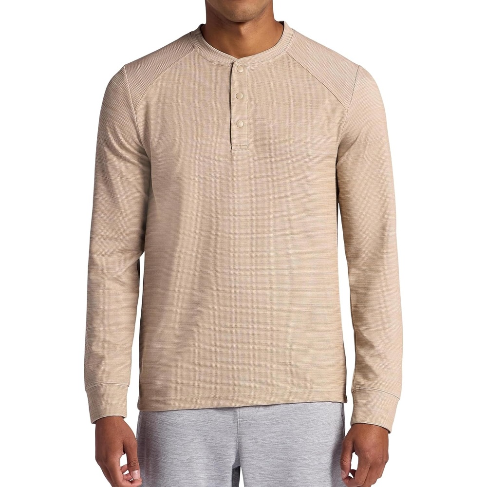 image:imageGaiam Mens Cozy amp Cool Henley Shirt Standard Fit Stretch Midweight Micro Waffle Jacquard MaterialHumus Heather